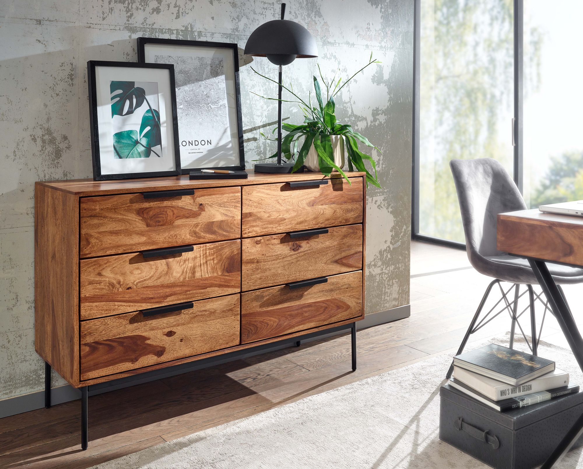 Massivholz Schubladenkommode 120cm Sheesham Natur Design Kommode mit 6 Schubladen Sideboard Metall schwarz – Ansicht 2