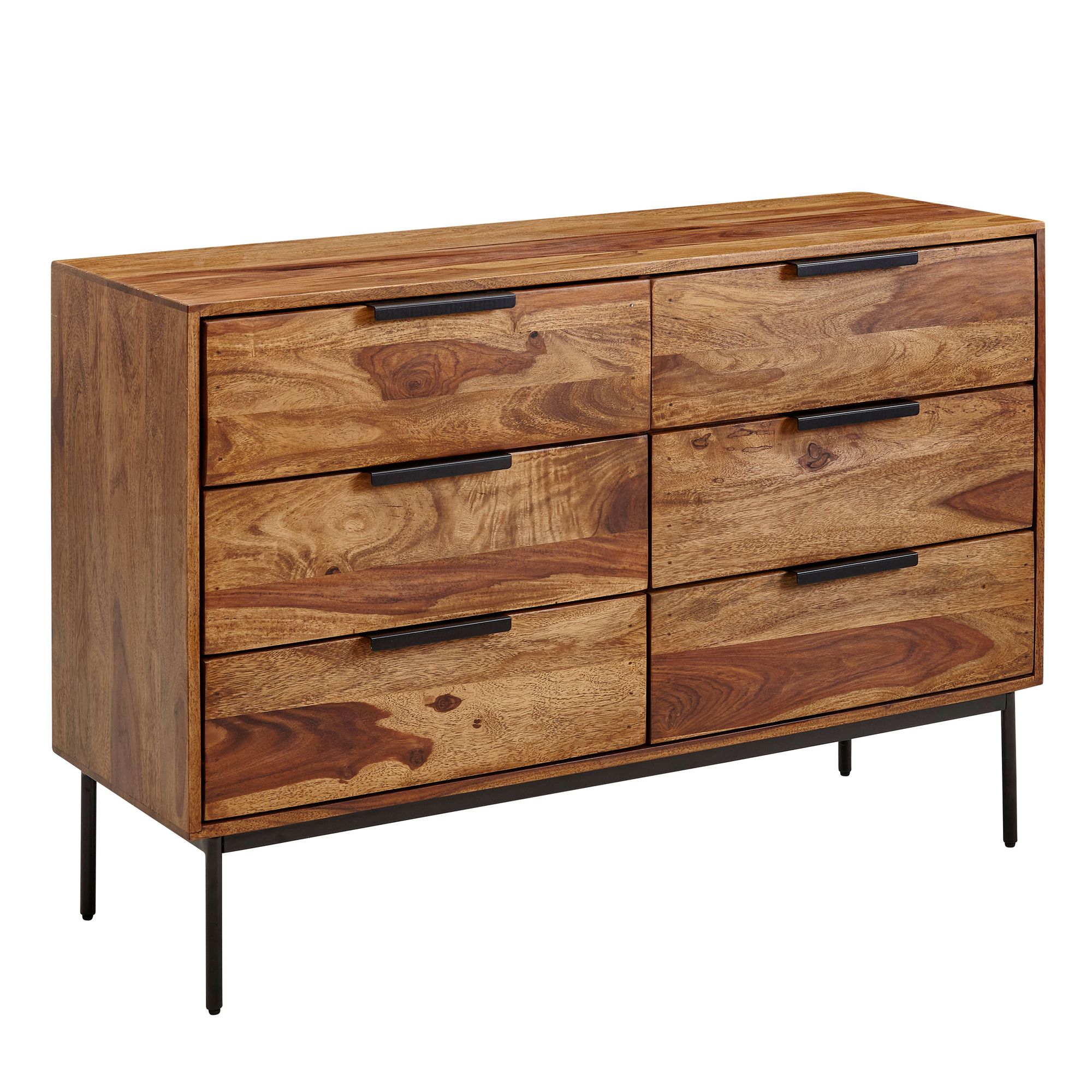 Massivholz Schubladenkommode 120cm Sheesham Natur Design Kommode mit 6 Schubladen Sideboard Metall schwarz – Ansicht 6