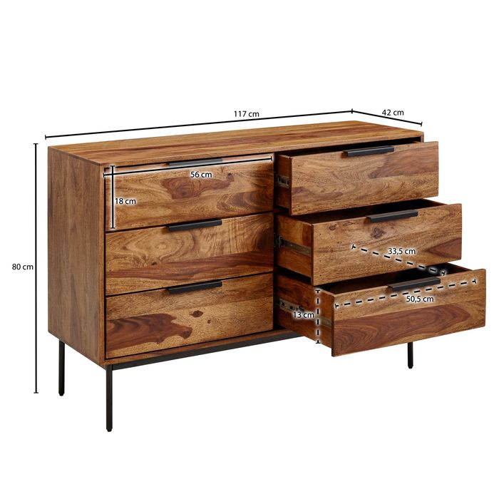 Massivholz Schubladenkommode 120cm Sheesham Natur Design Kommode mit 6 Schubladen Sideboard Metall schwarz – Maßzeichnung
