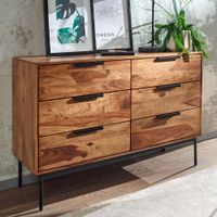 Massivholz Schubladenkommode 120cm Sheesham Natur Design Kommode mit 6 Schubladen Sideboard Metall schwarz – Ansicht 1