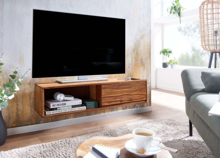 FineBuy Lowboard Hängend Sheesham Massivholz 108x25x34 cm TV-Schrank Braun, Design Fernsehtisch mit Stauraum, Fernsehschrank Wand Modern, TV-Kommode Fernsehkommode zum Aufhängen 4251757710803