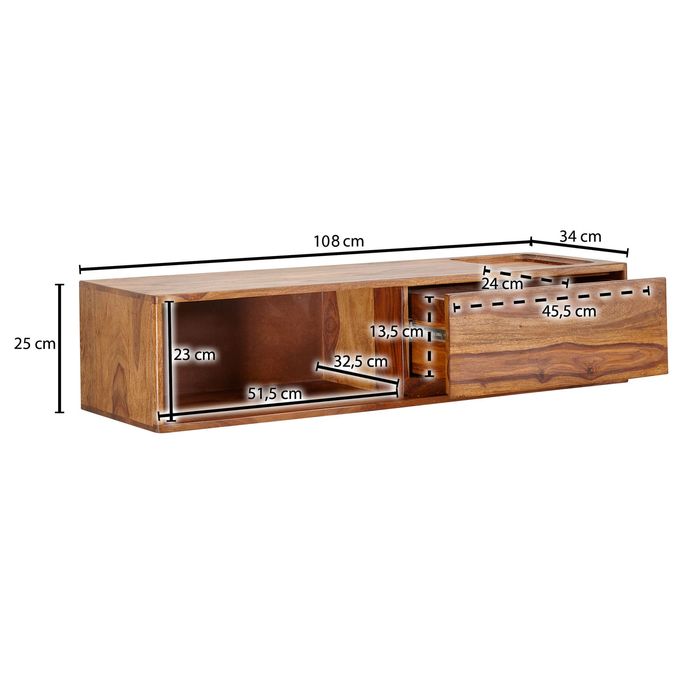 TV-Board Kommode 110cm hängend Sheesham Massivholz TV Lowboard mit 1 Schublade – Maßzeichnung
