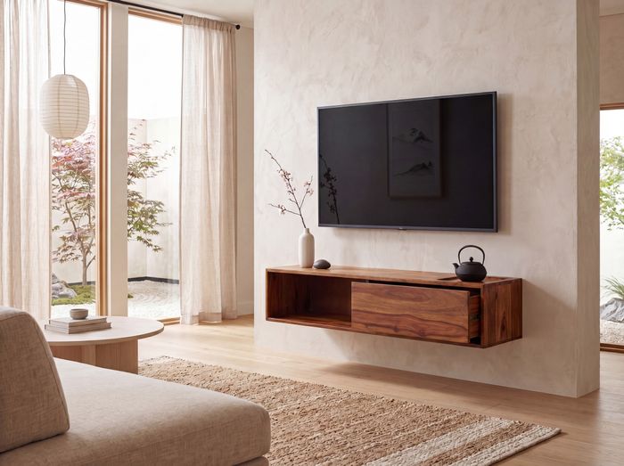 FineBuy Lowboard Hängend Sheesham Massivholz 108x25x34 cm TV-Schrank Braun, Design Fernsehtisch mit Stauraum, Fernsehschrank Wand Modern, TV-Kommode Fernsehkommode zum Aufhängen