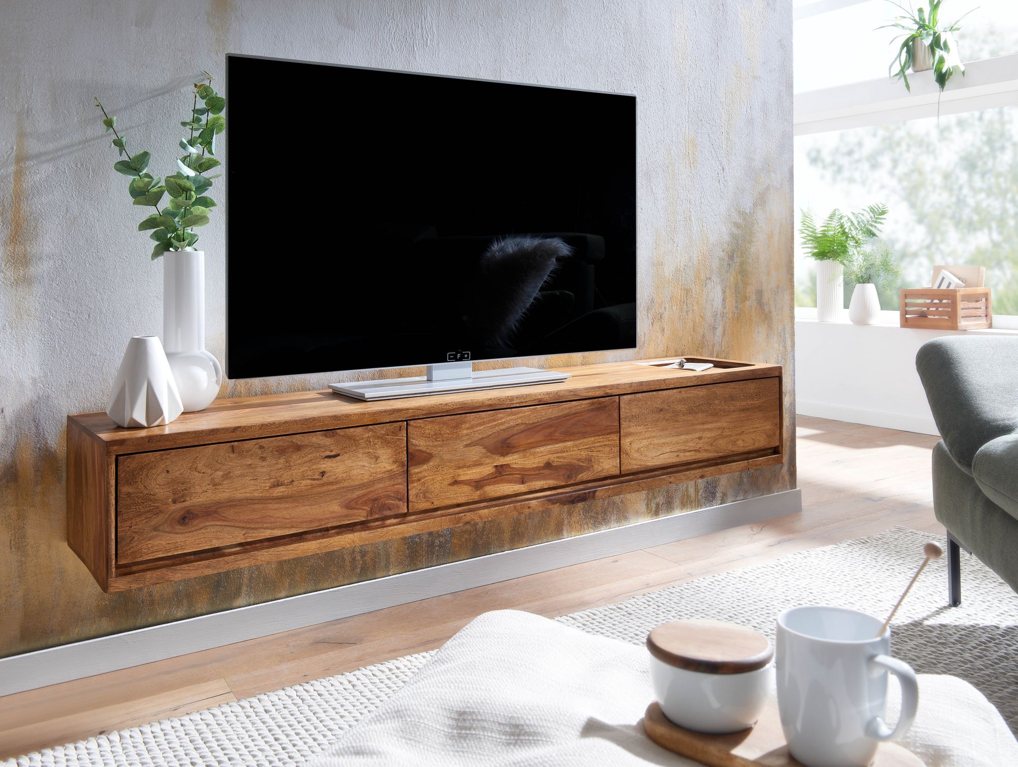 FineBuy Lowboard Hängend Sheesham Massivholz 160x25x35 cm TV-Schrank Braun, Design Fernsehtisch mit Stauraum, Fernsehschrank Wand Modern, TV-Kommode Fernsehkommode zum Aufhängen | Farbe: Braun