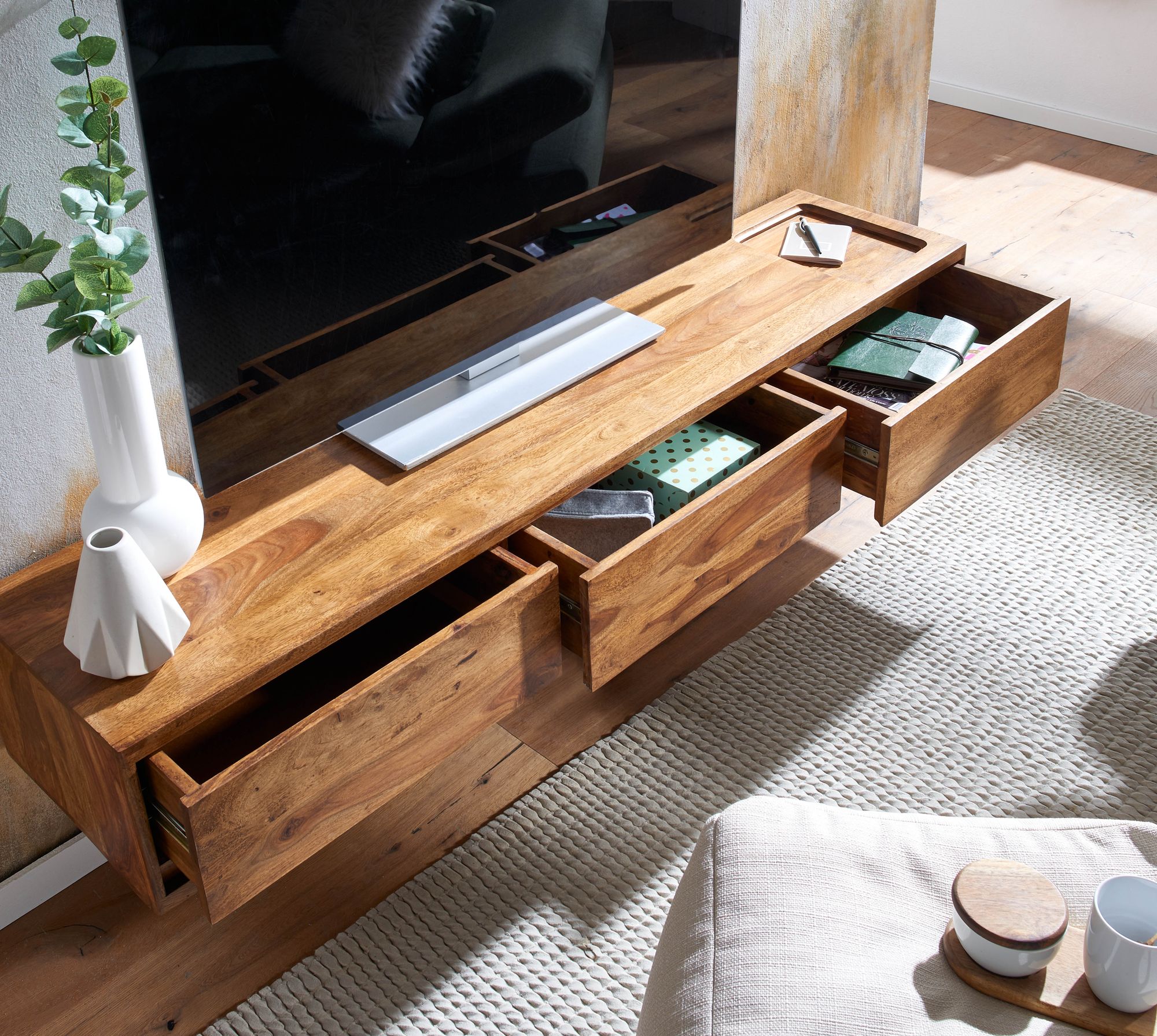 FineBuy Lowboard Hängend Sheesham Massivholz 160x25x35 cm TV-Schrank Braun, Design Fernsehtisch mit Stauraum, Fernsehschrank Wand Modern, TV-Kommode Fernsehkommode zum Aufhängen | Farbe: Braun