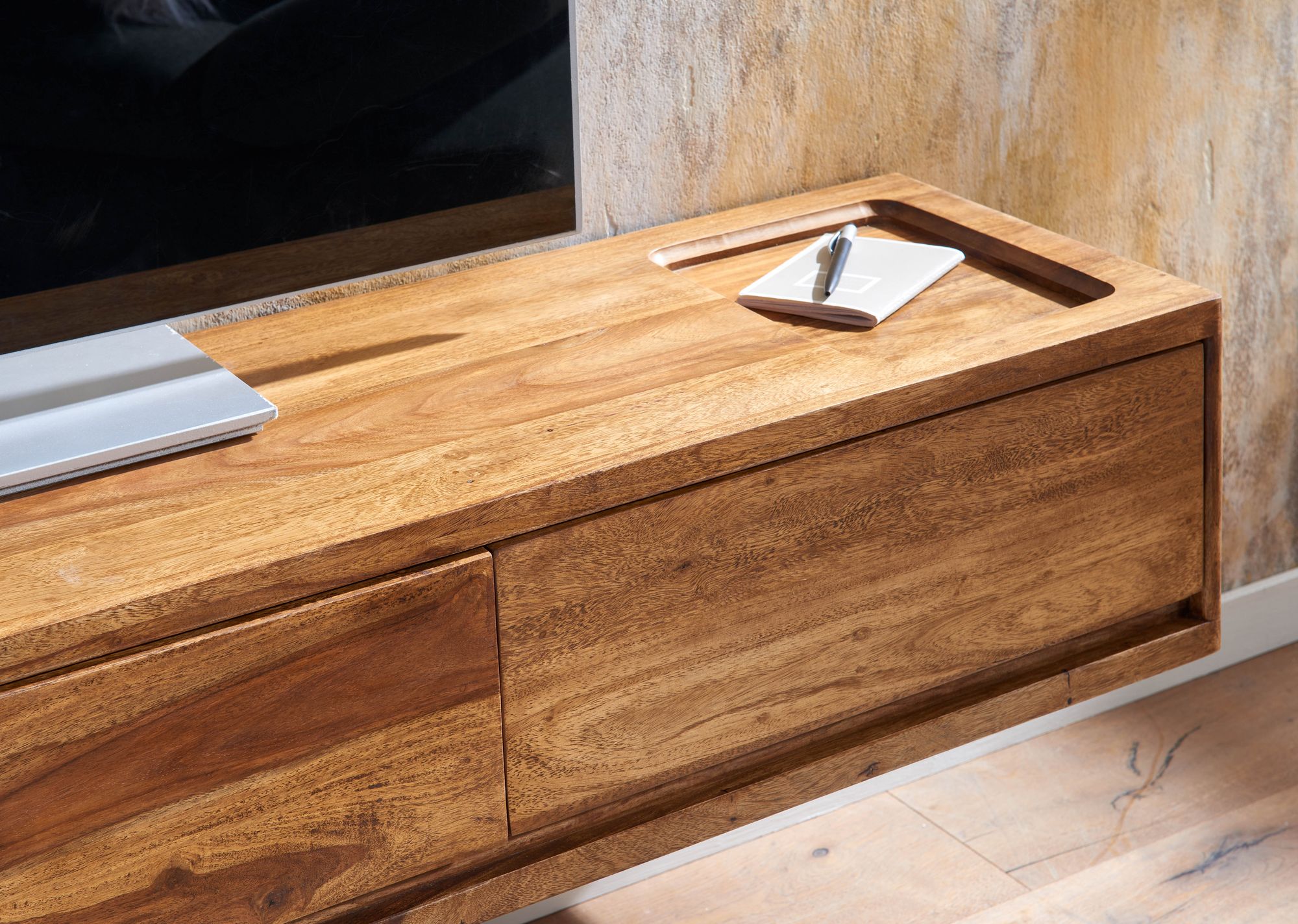 FineBuy Lowboard Hängend Sheesham Massivholz 160x25x35 cm TV-Schrank Braun, Design Fernsehtisch mit Stauraum, Fernsehschrank Wand Modern, TV-Kommode Fernsehkommode zum Aufhängen | Farbe: Braun