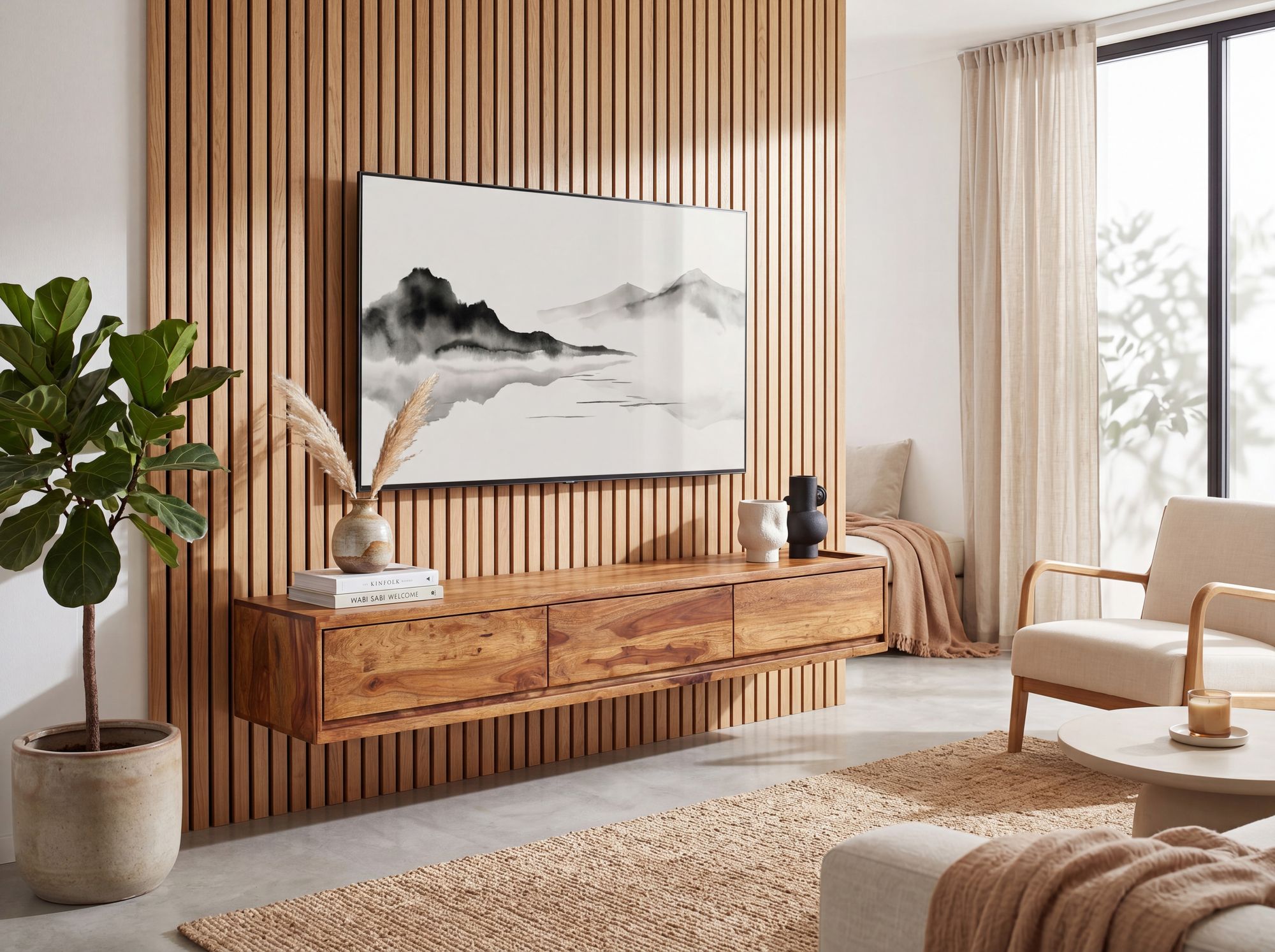 TV-Board Kommode 160cm hängend Sheesham Massivholz TV Lowboard mit 3 Schubladen – Ansicht 4