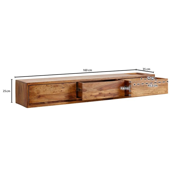 TV-Board Kommode 160cm hängend Sheesham Massivholz TV Lowboard mit 3 Schubladen – Maßzeichnung