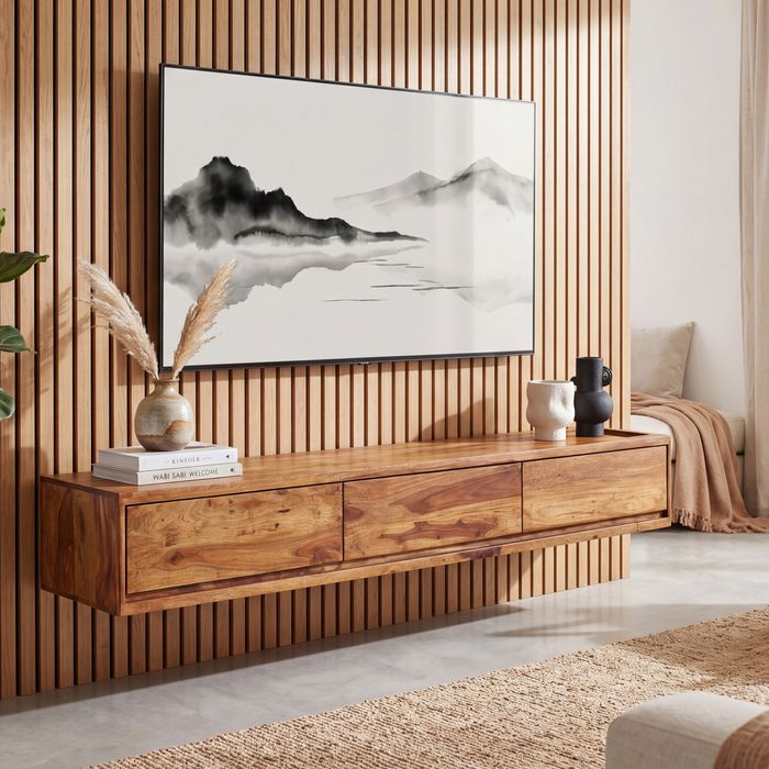 FineBuy Lowboard Hängend Sheesham Massivholz 160x25x35 cm TV-Schrank Braun, Design Fernsehtisch mit Stauraum, Fernsehschrank Wand Modern, TV-Kommode Fernsehkommode zum Aufhängen