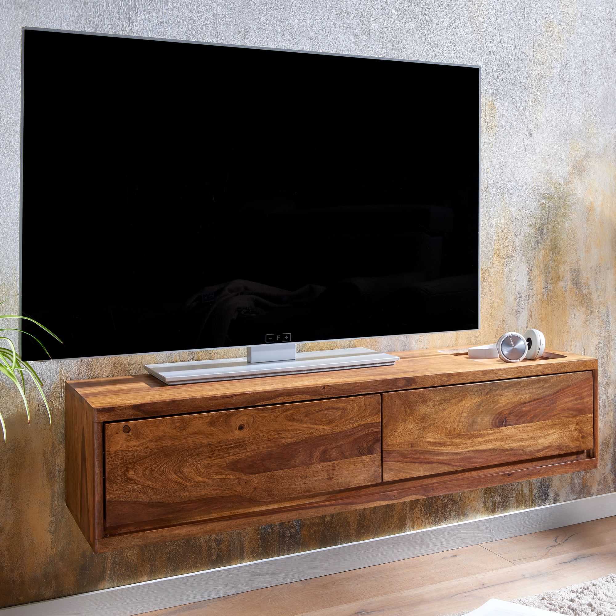 FineBuy Lowboard Hängend Sheesham Massivholz 108x25x34 cm TV-Schrank Braun, Design Fernsehtisch mit Stauraum, Fernsehschrank Wand Modern, TV-Kommode Fernsehkommode zum Aufhängen | Farbe: Braun
