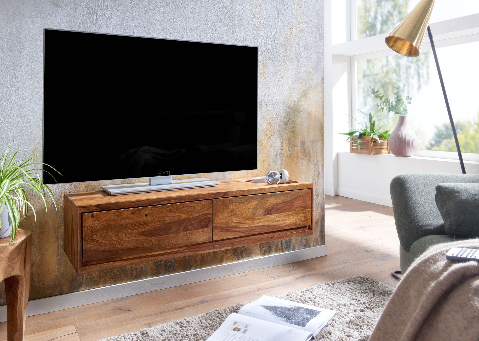FineBuy Lowboard Hängend Sheesham Massivholz 108x25x34 cm TV-Schrank Braun, Design Fernsehtisch mit Stauraum, Fernsehschrank Wand Modern, TV-Kommode Fernsehkommode zum Aufhängen | Farbe: Braun