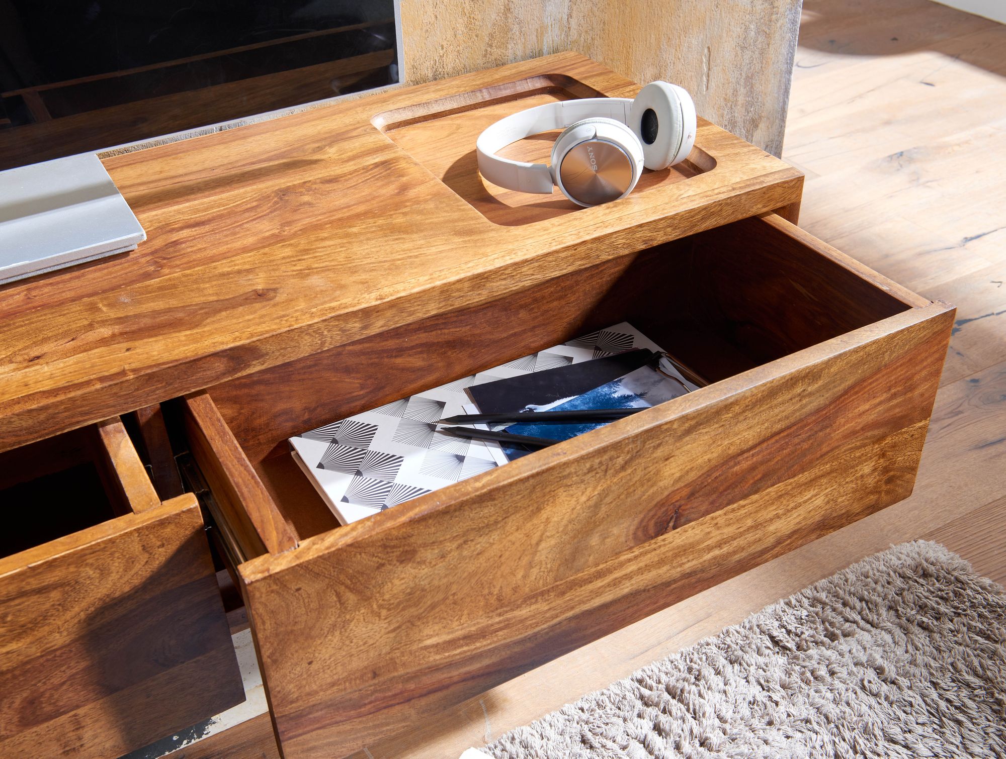 FineBuy Lowboard Hängend Sheesham Massivholz 108x25x34 cm TV-Schrank Braun, Design Fernsehtisch mit Stauraum, Fernsehschrank Wand Modern, TV-Kommode Fernsehkommode zum Aufhängen | Farbe: Braun