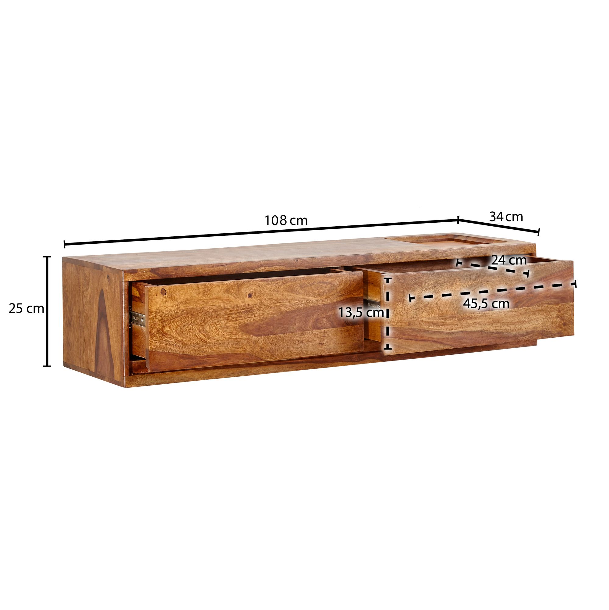 FineBuy Lowboard Hängend Sheesham Massivholz 108x25x34 cm TV-Schrank Braun, Design Fernsehtisch mit Stauraum, Fernsehschrank Wand Modern, TV-Kommode Fernsehkommode zum Aufhängen | Farbe: Braun
