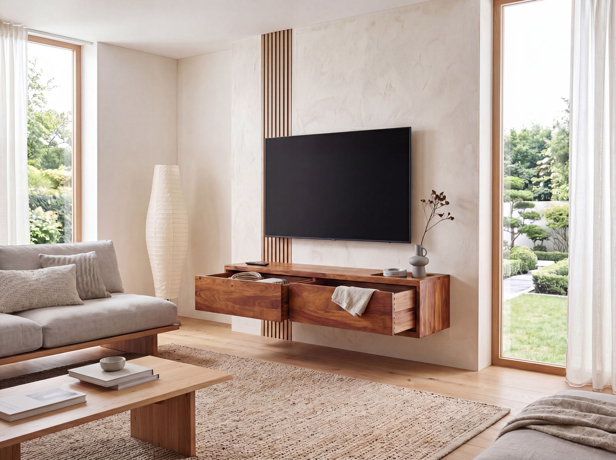 TV-Board Kommode 110cm hängend Sheesham Massivholz TV Lowboard mit 2 Schubladen – Ansicht 2