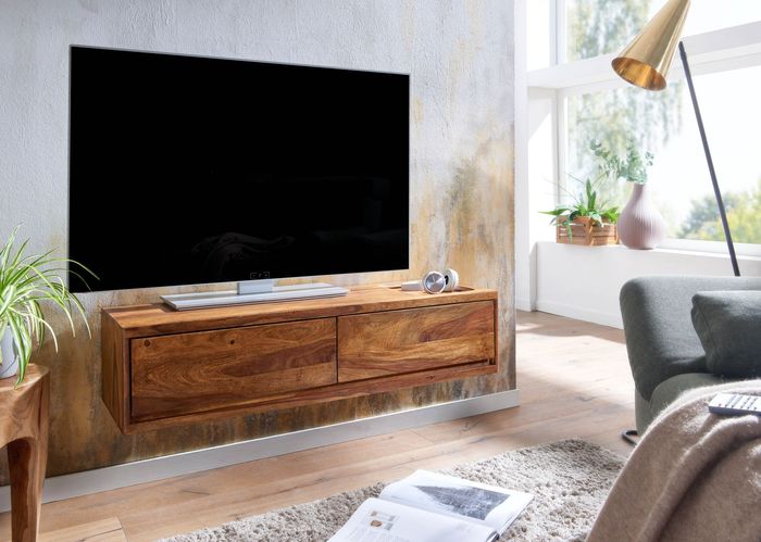 FineBuy Lowboard Hängend Sheesham Massivholz 108x25x34 cm TV-Schrank Braun, Design Fernsehtisch mit Stauraum, Fernsehschrank Wand Modern, TV-Kommode Fernsehkommode zum Aufhängen 4251757710827