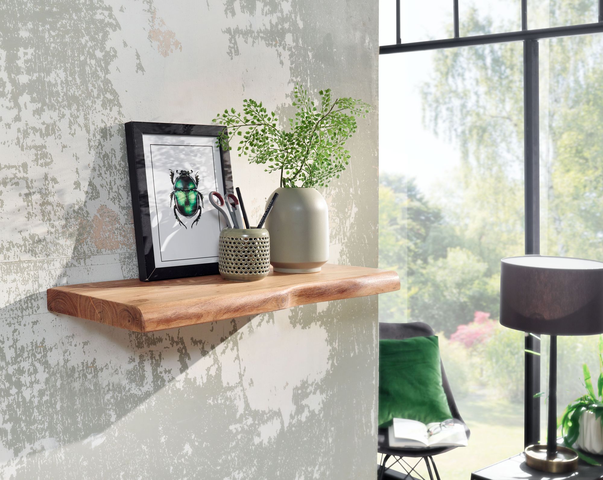 FineBuy Wandregal mit Baumkante Akazie Massivholz, Design Schweberegal Wandboard Massiv, Regal Holz Natur, Landhausstil Hängeregal | Farbe: Braun