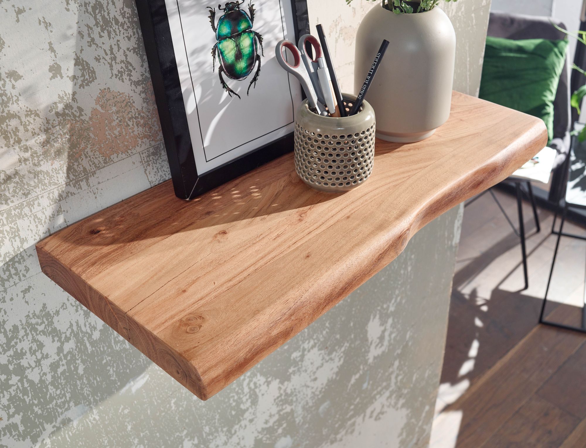 FineBuy Wandregal mit Baumkante Akazie Massivholz, Design Schweberegal Wandboard Massiv, Regal Holz Natur, Landhausstil Hängeregal | Farbe: Braun