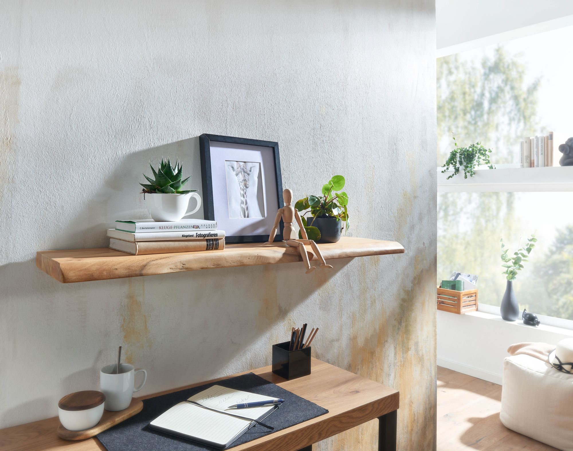 FineBuy Wandregal mit Baumkante Akazie Massivholz, Design Schweberegal Wandboard Massiv, Regal Holz Natur, Landhausstil Hängeregal | Farbe: Braun