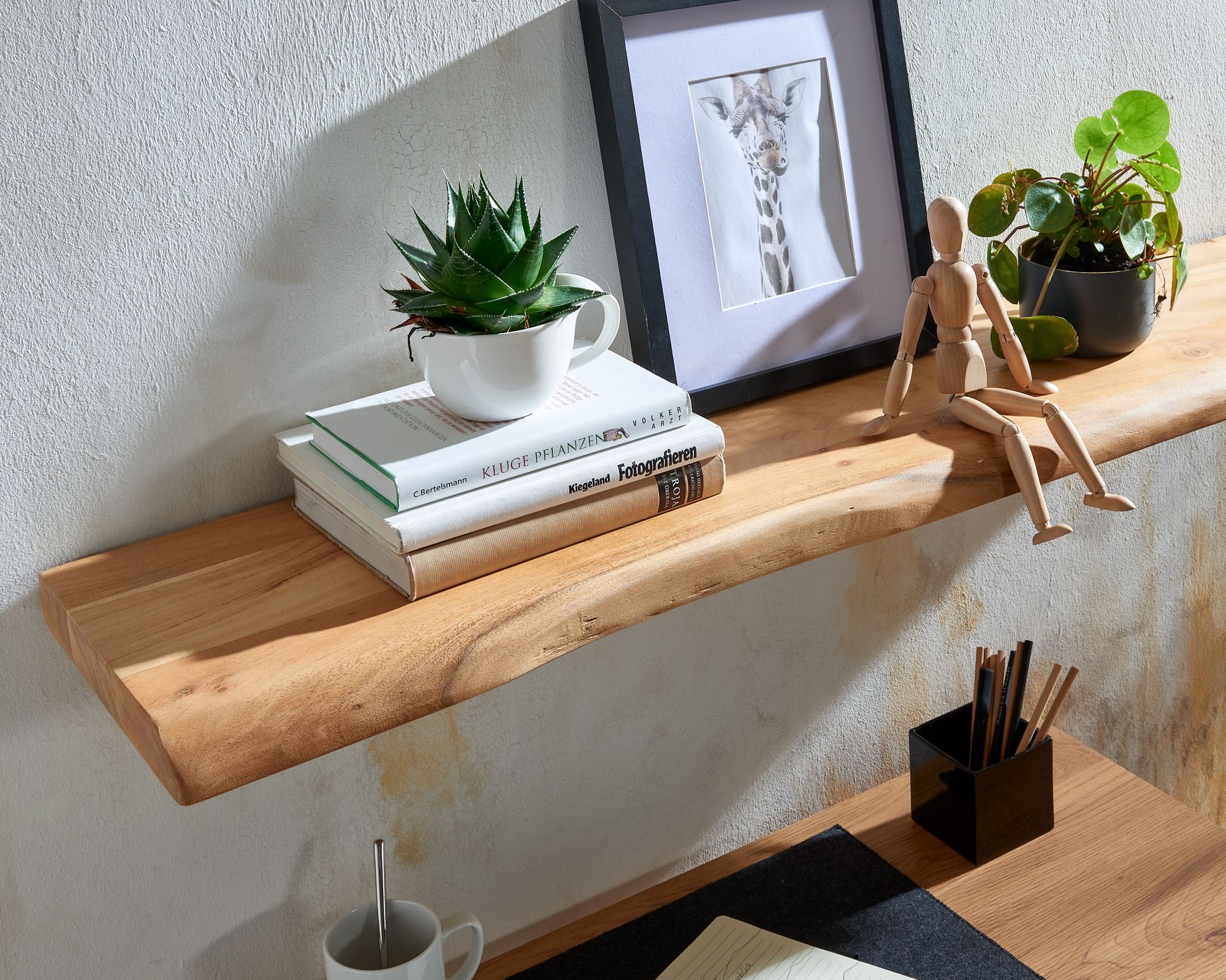 FineBuy Wandregal mit Baumkante Akazie Massivholz, Design Schweberegal Wandboard Massiv, Regal Holz Natur, Landhausstil Hängeregal | Farbe: Braun