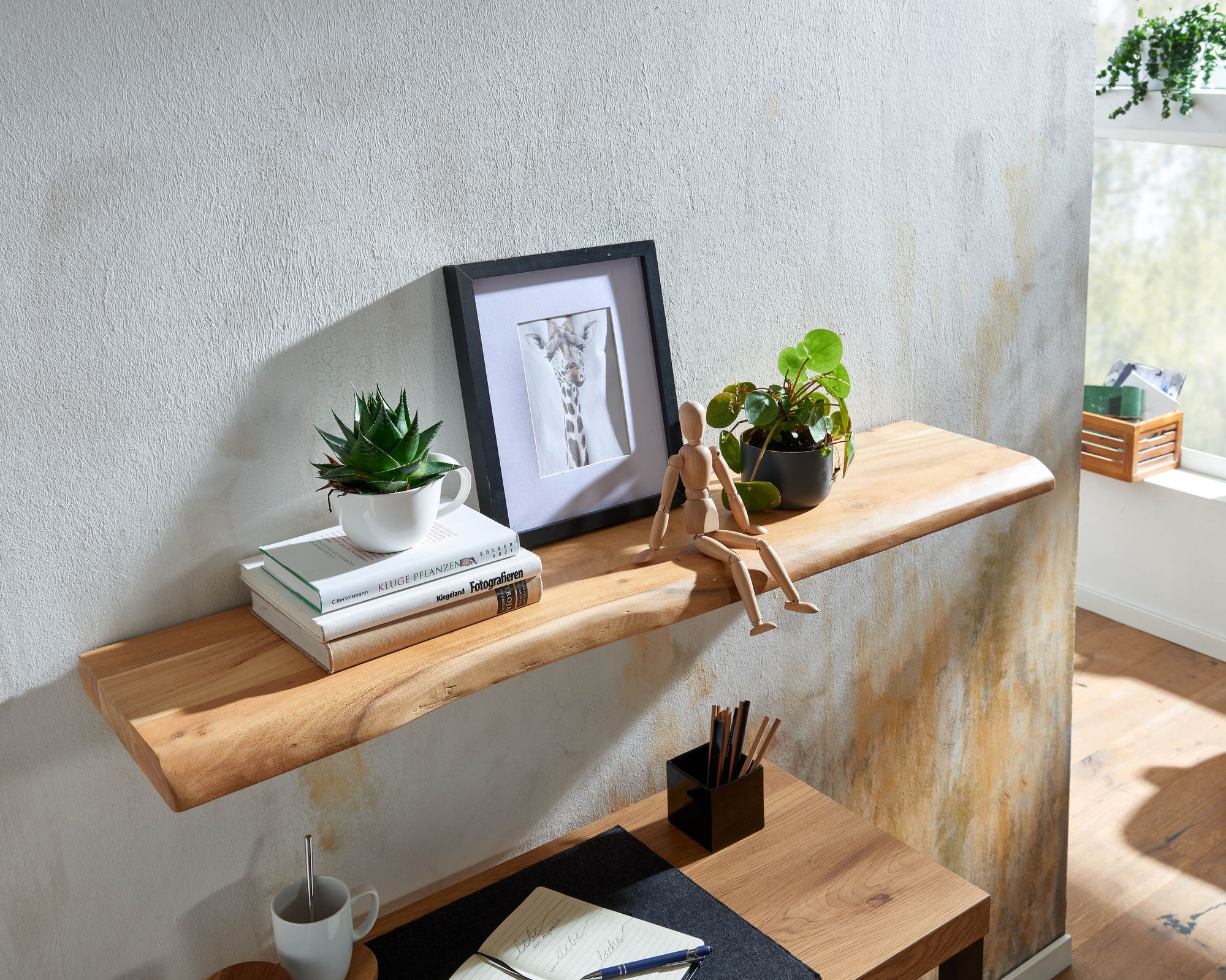 FineBuy Wandregal mit Baumkante Akazie Massivholz, Design Schweberegal Wandboard Massiv, Regal Holz Natur, Landhausstil Hängeregal | Farbe: Braun