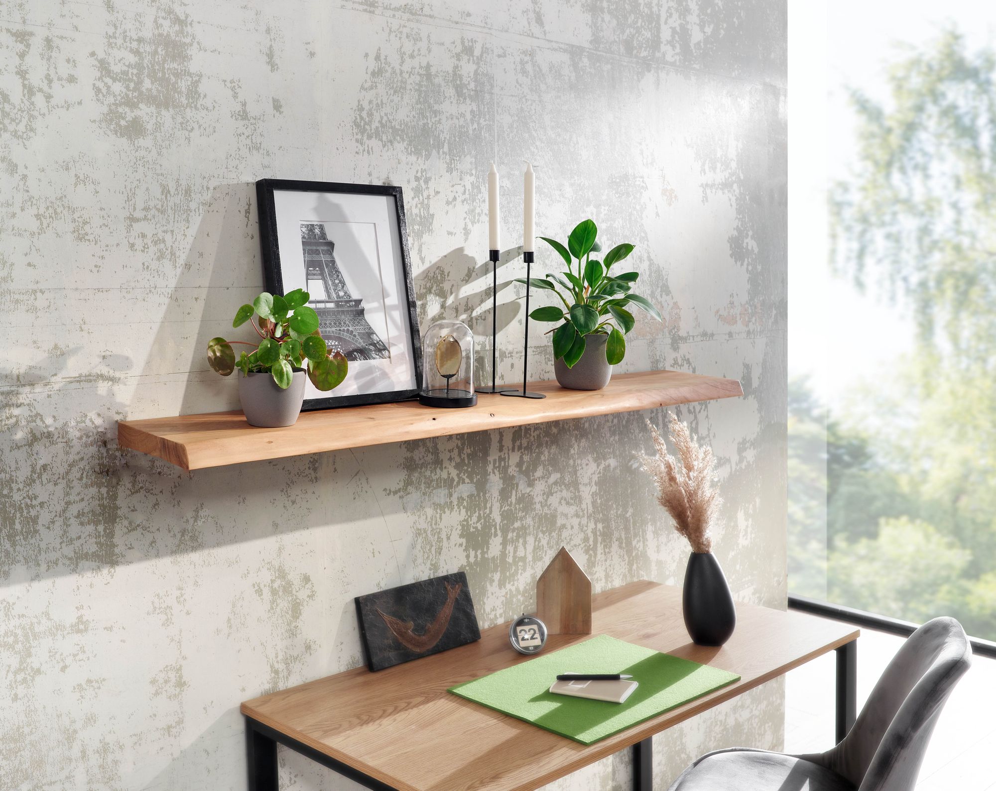 FineBuy Wandregal mit Baumkante Akazie Massivholz, Design Schweberegal Wandboard Massiv, Regal Holz Natur, Landhausstil Hängeregal | Farbe: Braun