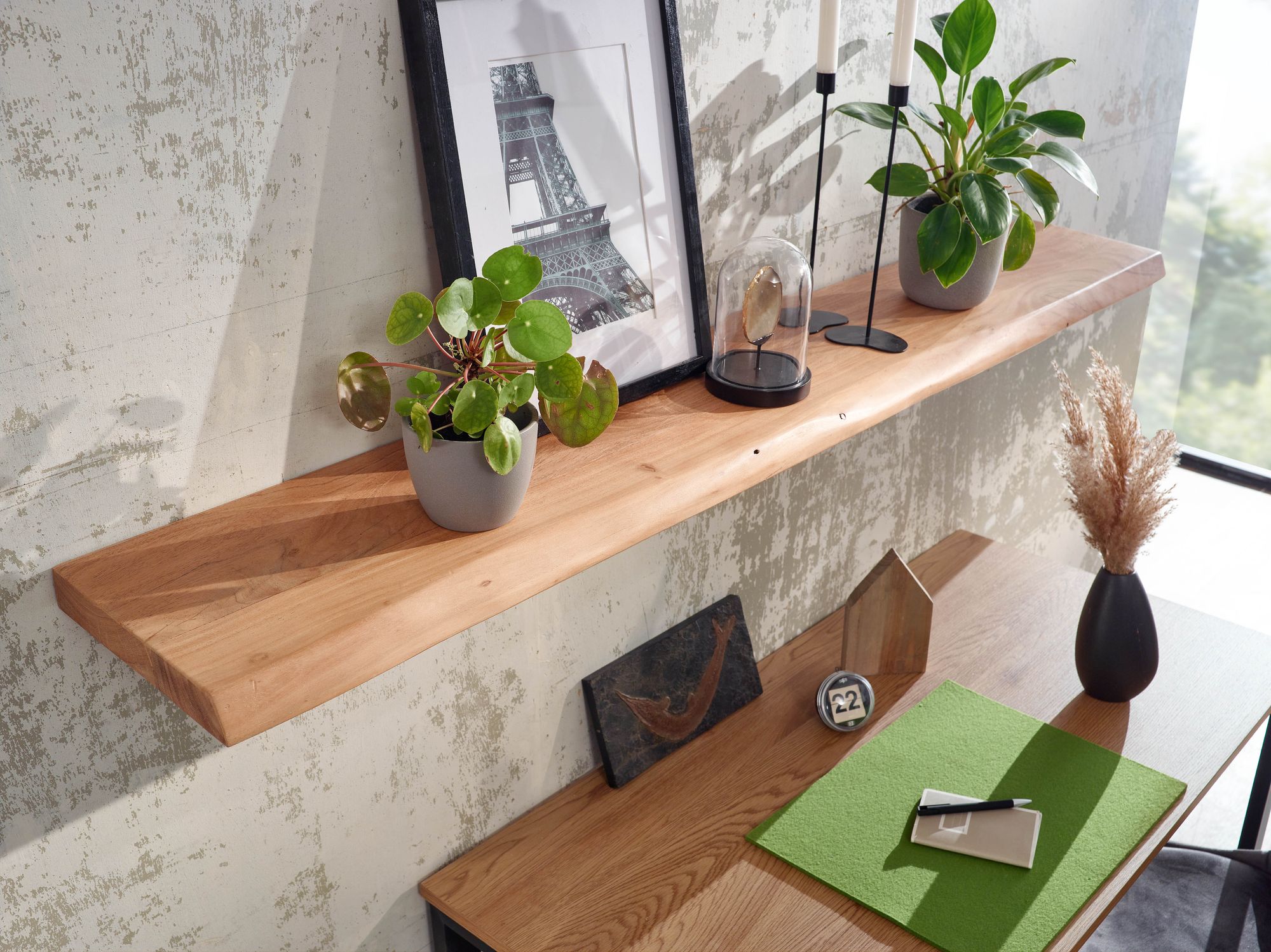 FineBuy Wandregal mit Baumkante Akazie Massivholz, Design Schweberegal Wandboard Massiv, Regal Holz Natur, Landhausstil Hängeregal | Farbe: Braun