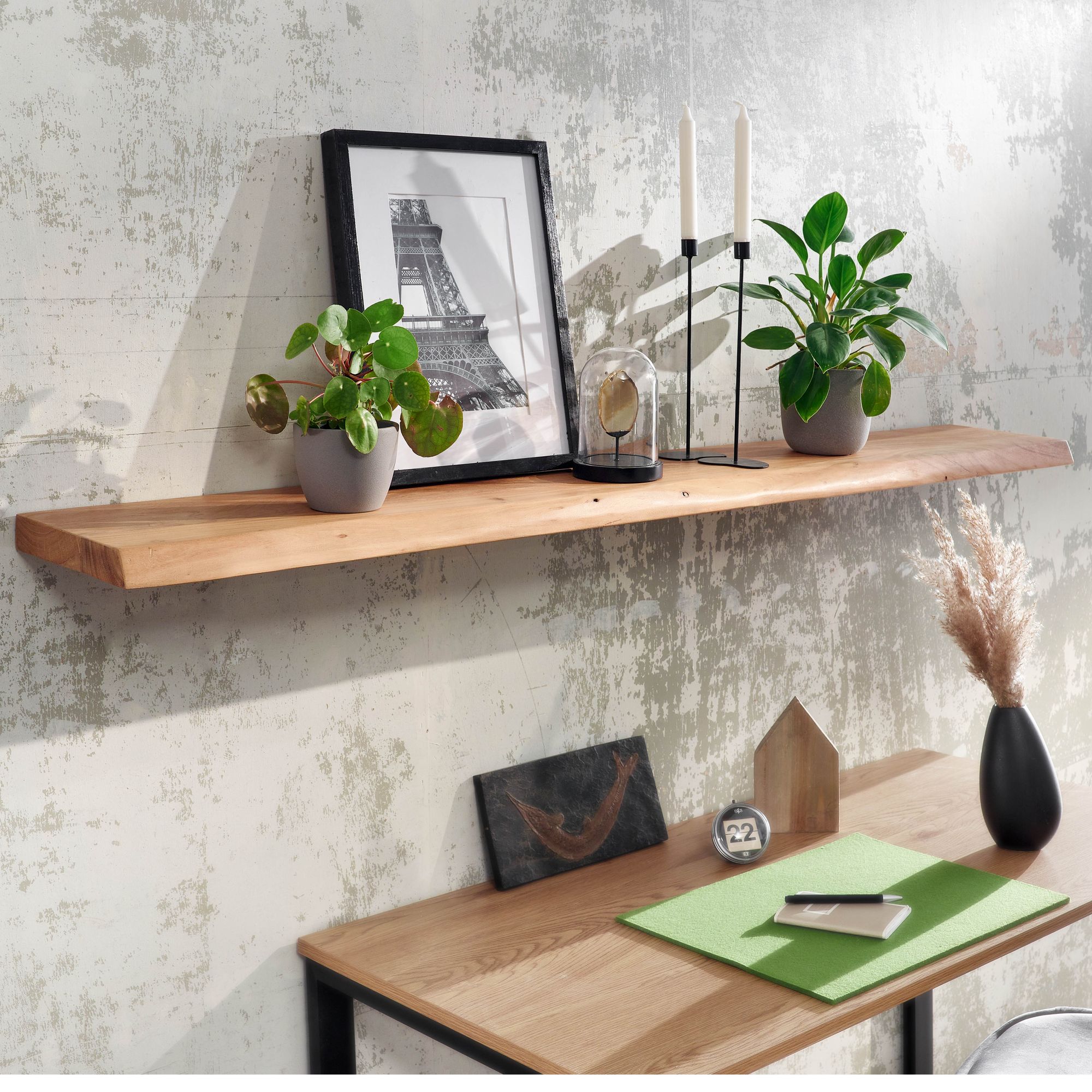 FineBuy Wandregal mit Baumkante Akazie Massivholz, Design Schweberegal Wandboard Massiv, Regal Holz Natur, Landhausstil Hängeregal | Farbe: Braun