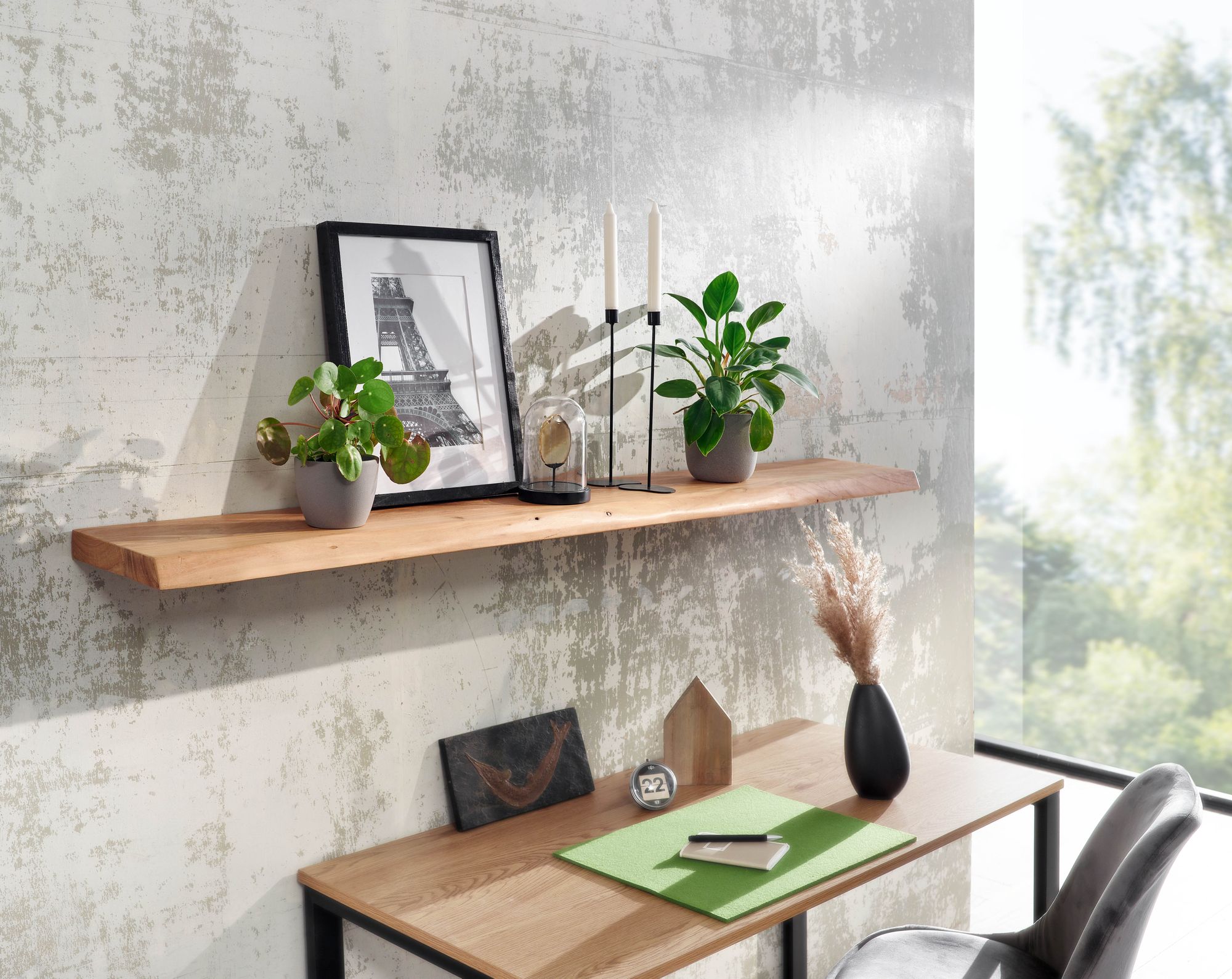 FineBuy Wandregal mit Baumkante Akazie Massivholz, Design Schweberegal Wandboard Massiv, Regal Holz Natur, Landhausstil Hängeregal | Farbe: Braun