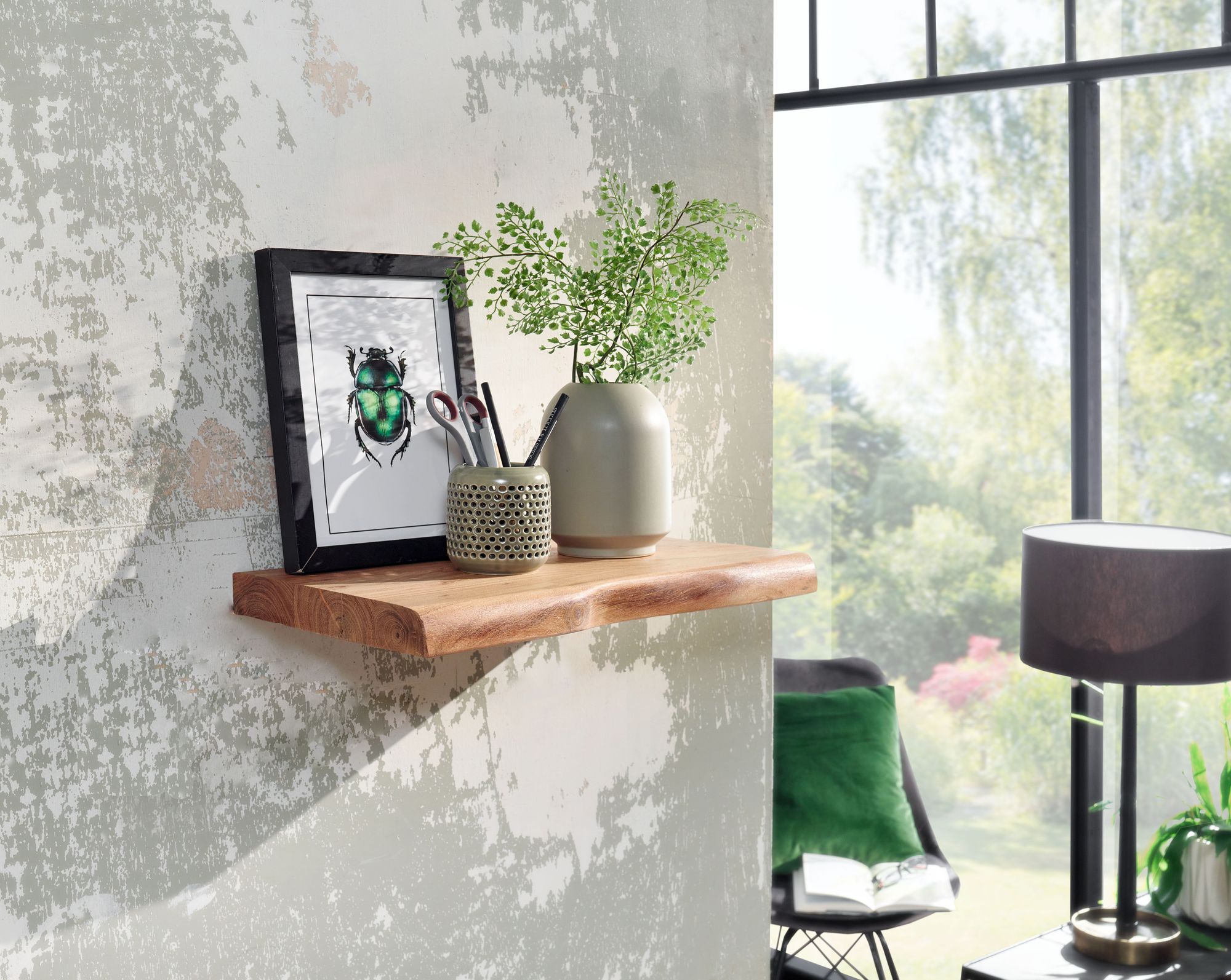 FineBuy Wandregal mit Baumkante Akazie Massivholz, Design Schweberegal Wandboard Massiv, Regal Holz Natur, Landhausstil Hängeregal | Farbe: Braun