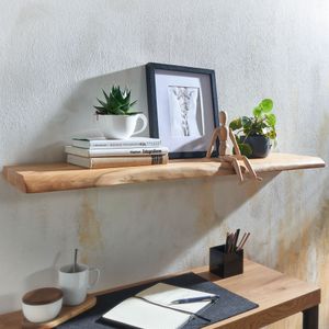 SV79871 FineBuy Wandregal mit Baumkante Akazie Massivholz, Design Schweberegal Wandboard Massiv, Regal Holz Natur, Landhausstil Hängeregal