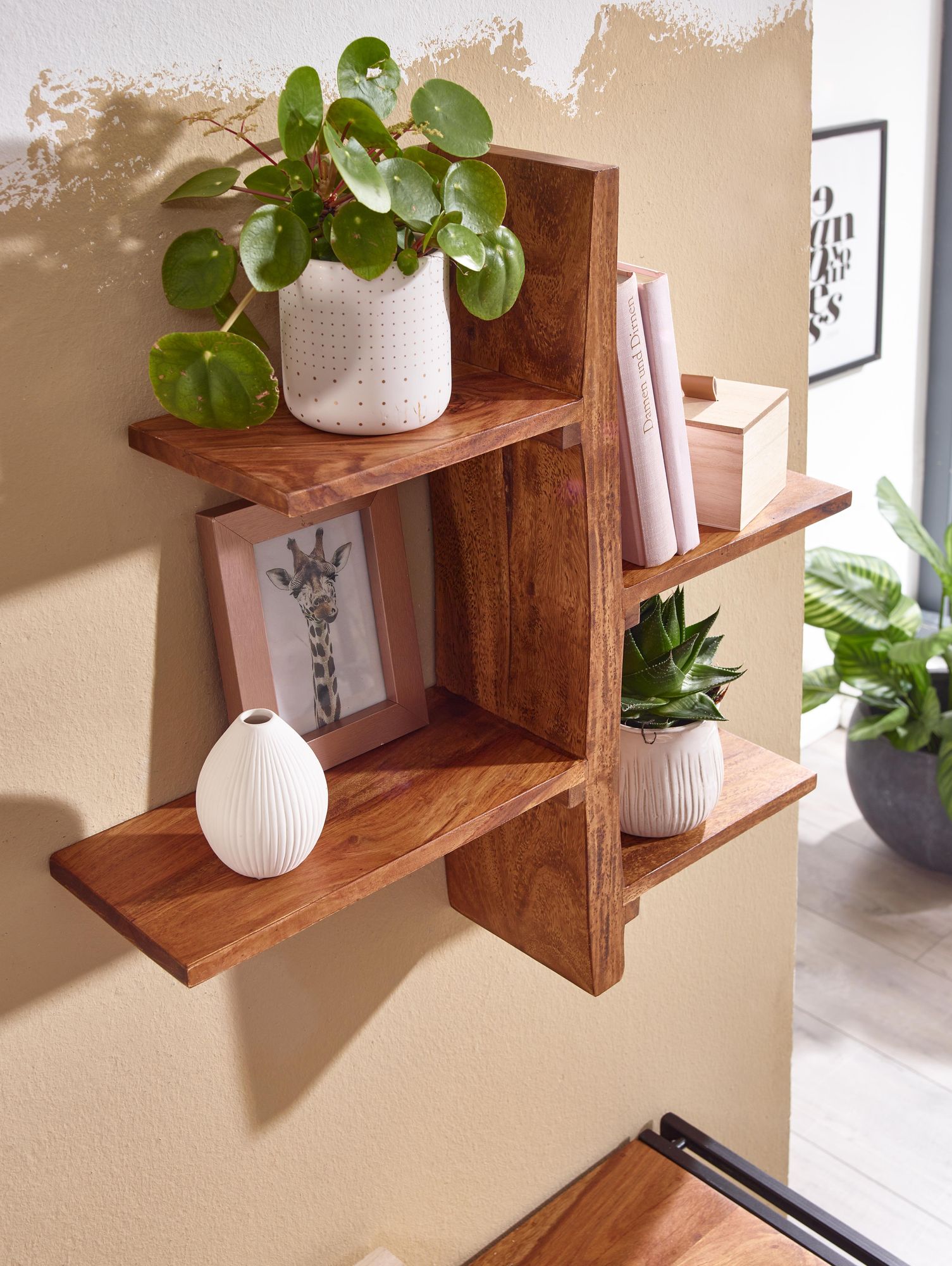 FineBuy Wandregal 58x60x15 cm Sheesham Massivholz Baum-Form Hängeregal Modern, Großes Design Schweberegal, Regal Hängend Wohnzimmer, Bücherregal Wand Schwebend | Farbe: Braun