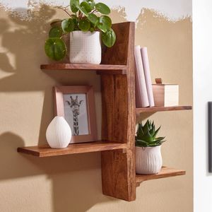 FB80115 FineBuy Wandregal 58x60x15 cm Sheesham Massivholz Baum-Form Hängeregal Modern, Großes Design Schweberegal, Regal Hängend Wohnzimmer, Bücherregal Wand Schwebend 4251757710919