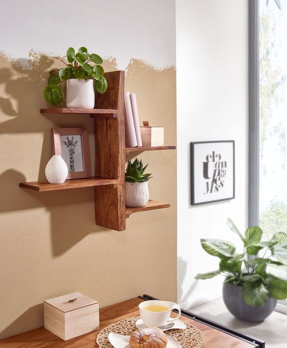 FineBuy Wandregal 58x60x15 cm Sheesham Massivholz Baum-Form Hängeregal Modern, Großes Design Schweberegal, Regal Hängend Wohnzimmer, Bücherregal Wand Schwebend 4251757710919