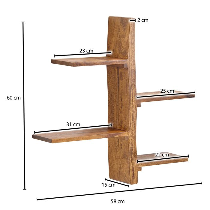Wandregal FineBuy Hängeregal Holz Massiv 58x60x15 cm Regal Groß Schwebend Baum – Maßzeichnung