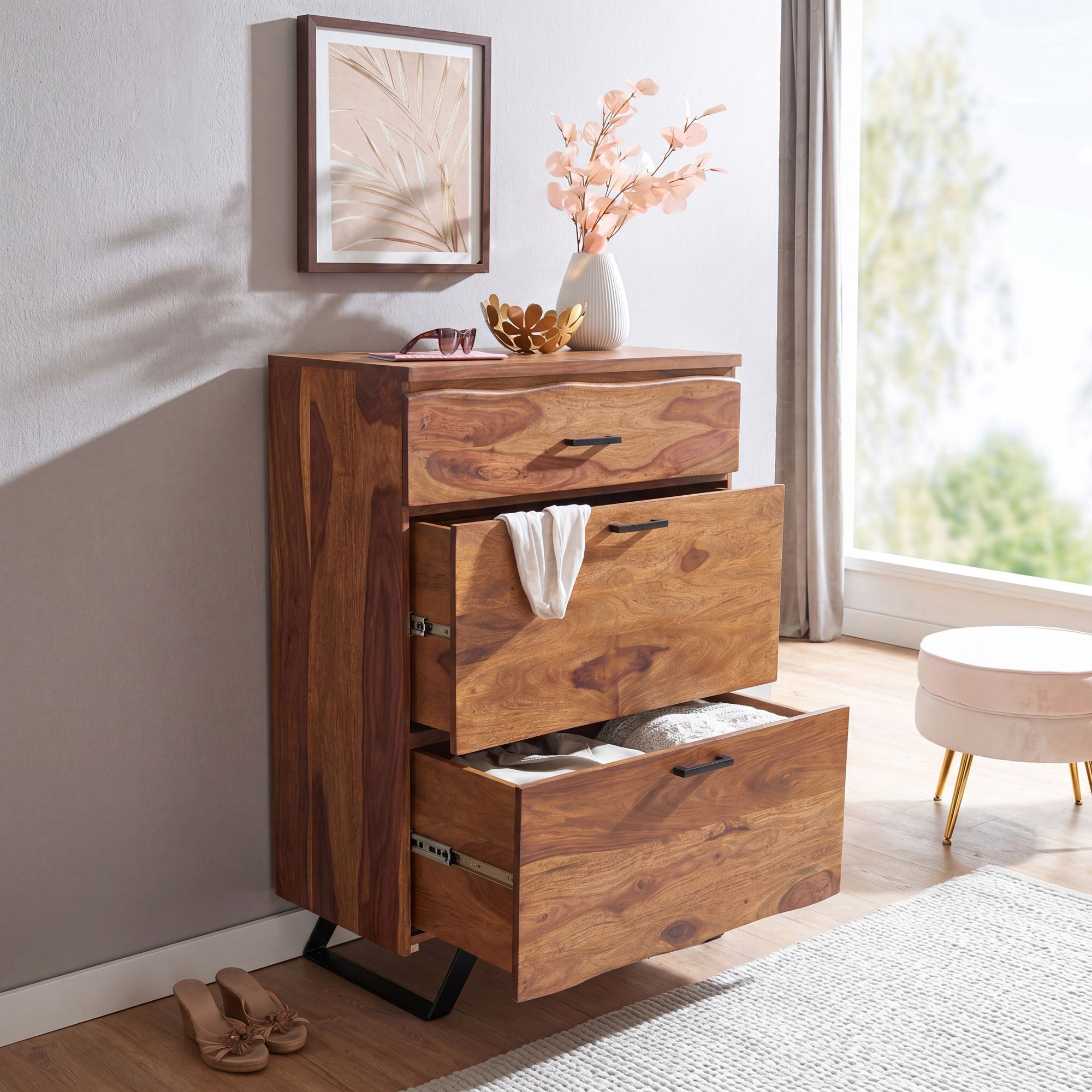 Kommode FineBuy 120 cm Massivholz Baumkante Highboard Anrichte Schubladenkommode – Ansicht 1