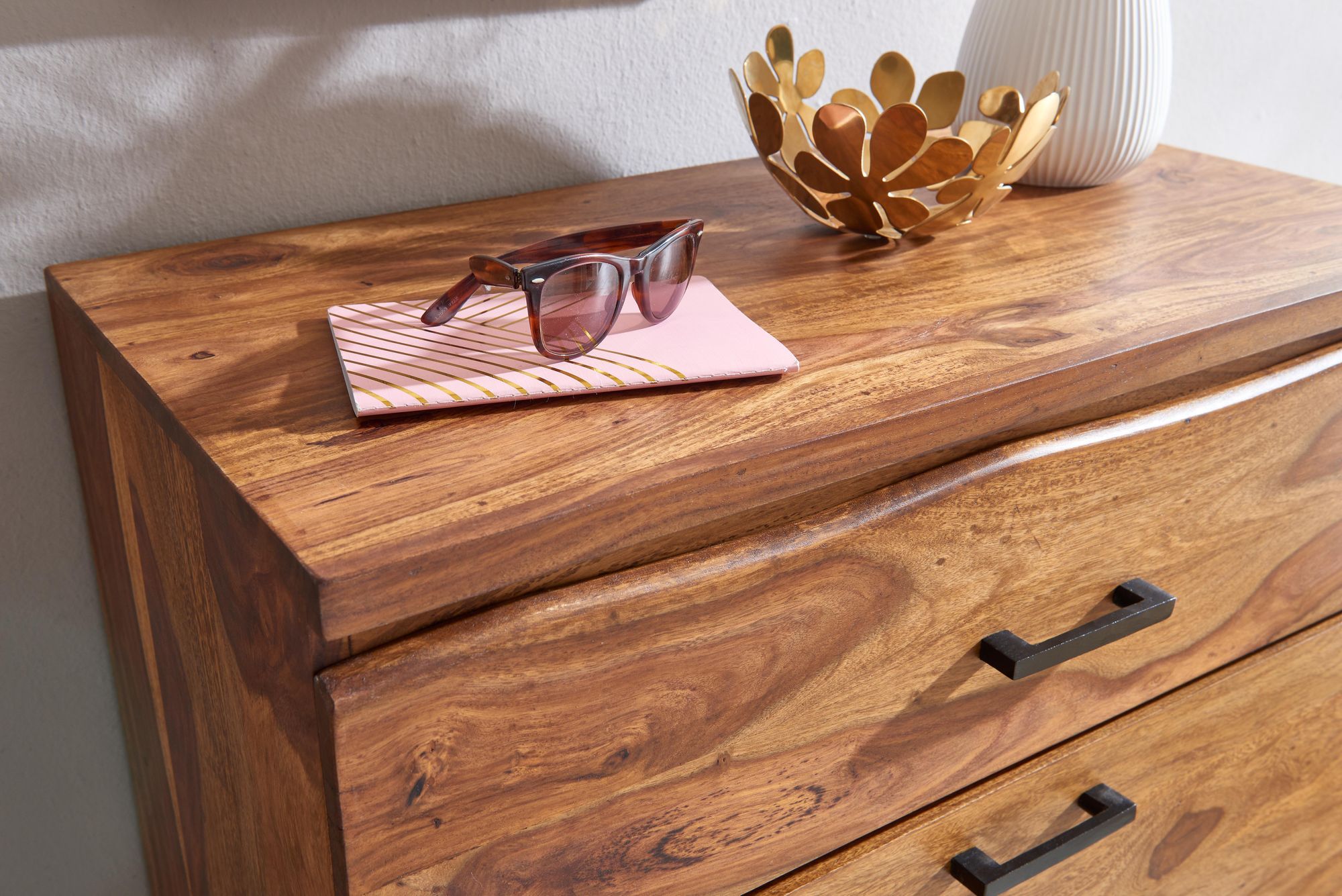 FineBuy Kommode 80x120x41,5 cm Sheesham Massivholz / Metall Flurkommode, Sideboard Highboard mit Baumkante, Kommodenschrank Holz Modern, Standschrank Anrichte Schubladenkommode | Farbe: Braun