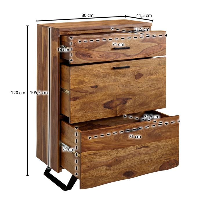 Kommode FineBuy 120 cm Massivholz Baumkante Highboard Anrichte Schubladenkommode – Maßzeichnung