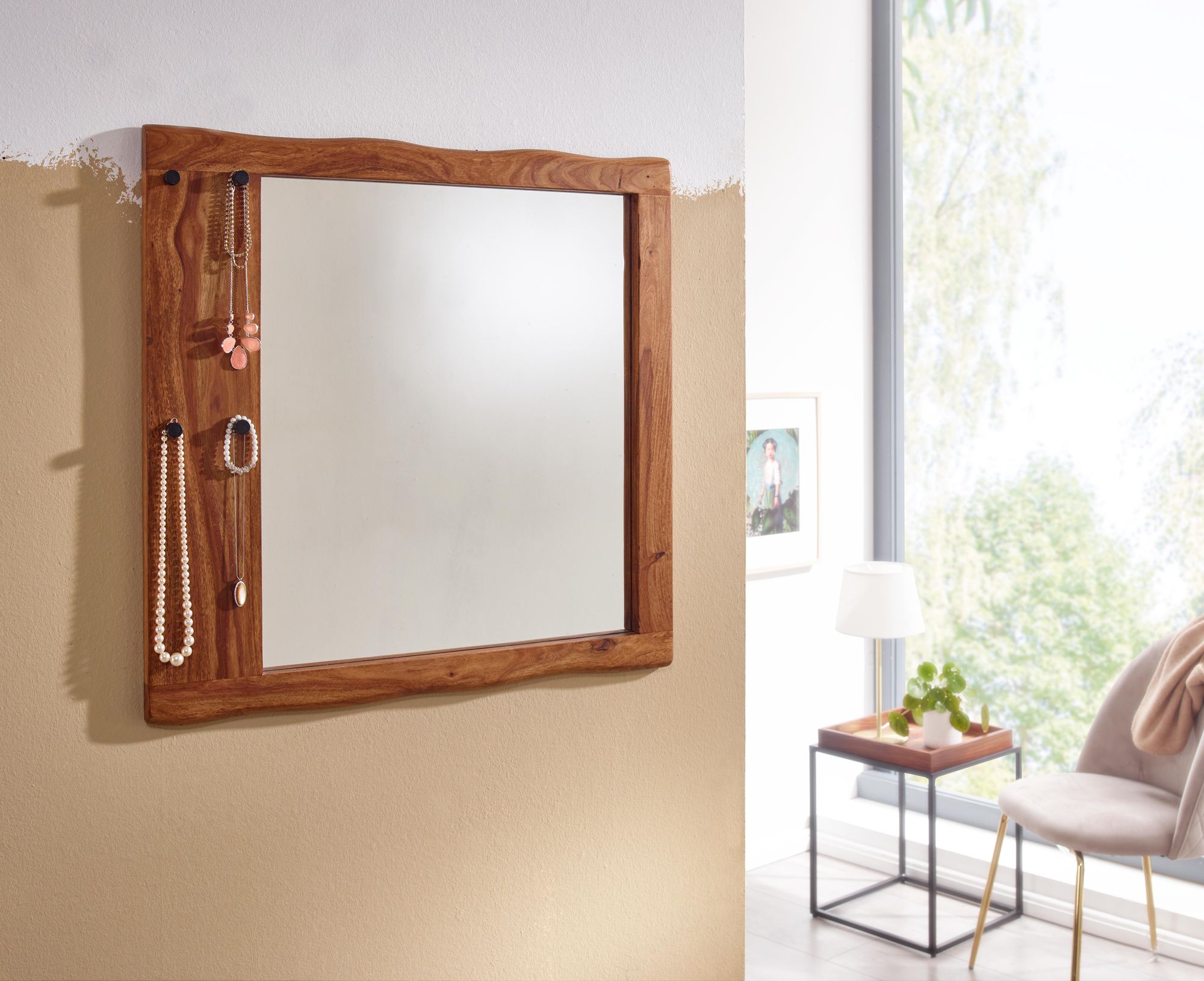 FineBuy Wandspiegel Sheesham Massivholz 80x80x3 cm Design Flurspiegel Baumkante, Hängespiegel Modern mit Haken, Spiegel Wand Groß, Moderner Garderobenspiegel | Farbe: Braun