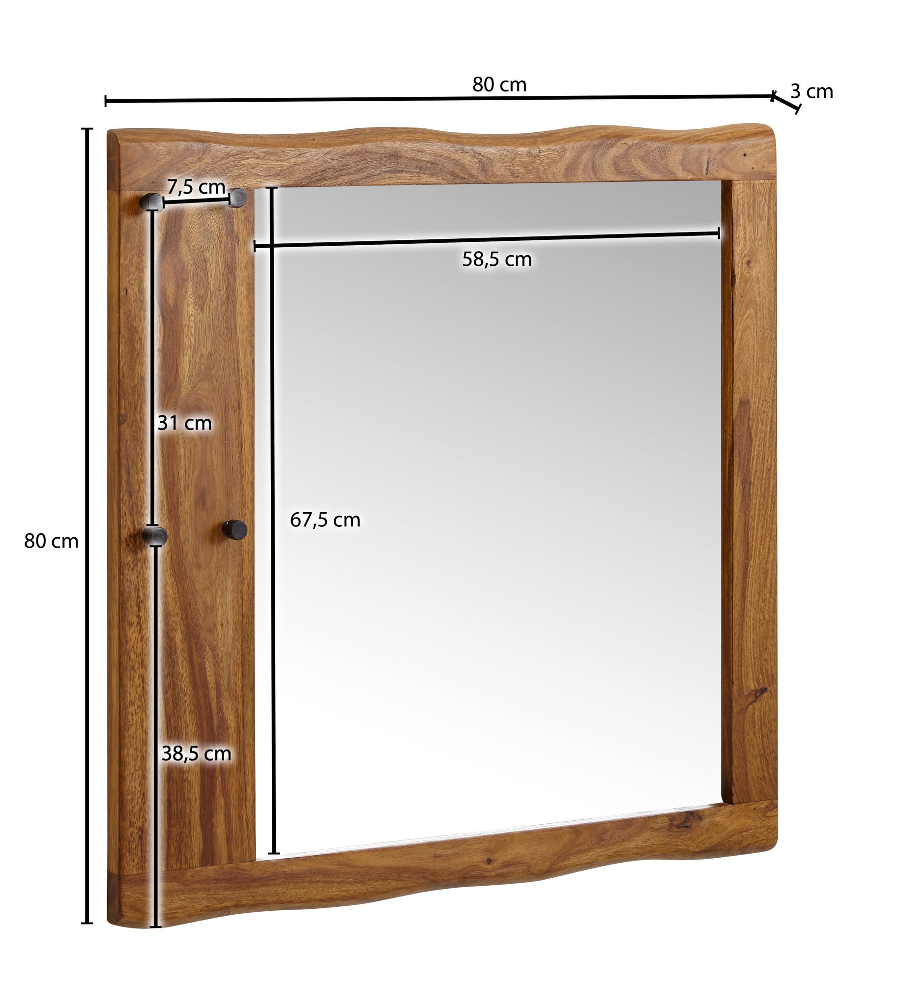 FineBuy Wandspiegel Sheesham Massivholz 80x80x3 cm Design Flurspiegel Baumkante, Hängespiegel Modern mit Haken, Spiegel Wand Groß, Moderner Garderobenspiegel | Farbe: Braun