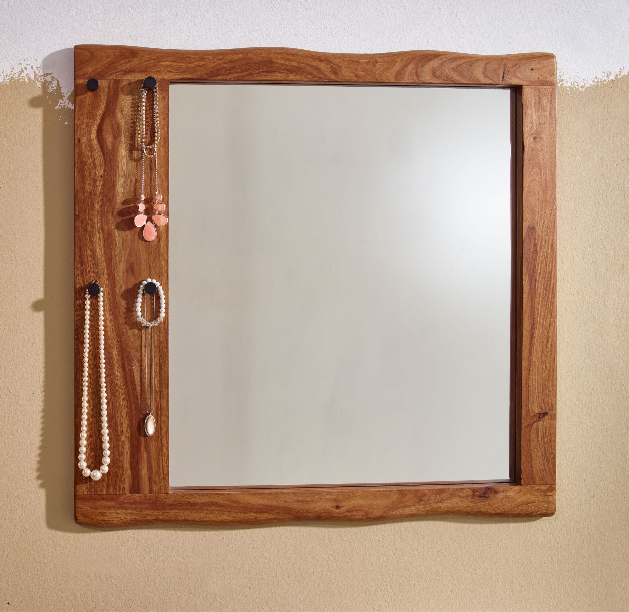 FineBuy Wandspiegel Sheesham Massivholz 80x80x3 cm Design Flurspiegel Baumkante, Hängespiegel Modern mit Haken, Spiegel Wand Groß, Moderner Garderobenspiegel | Farbe: Braun