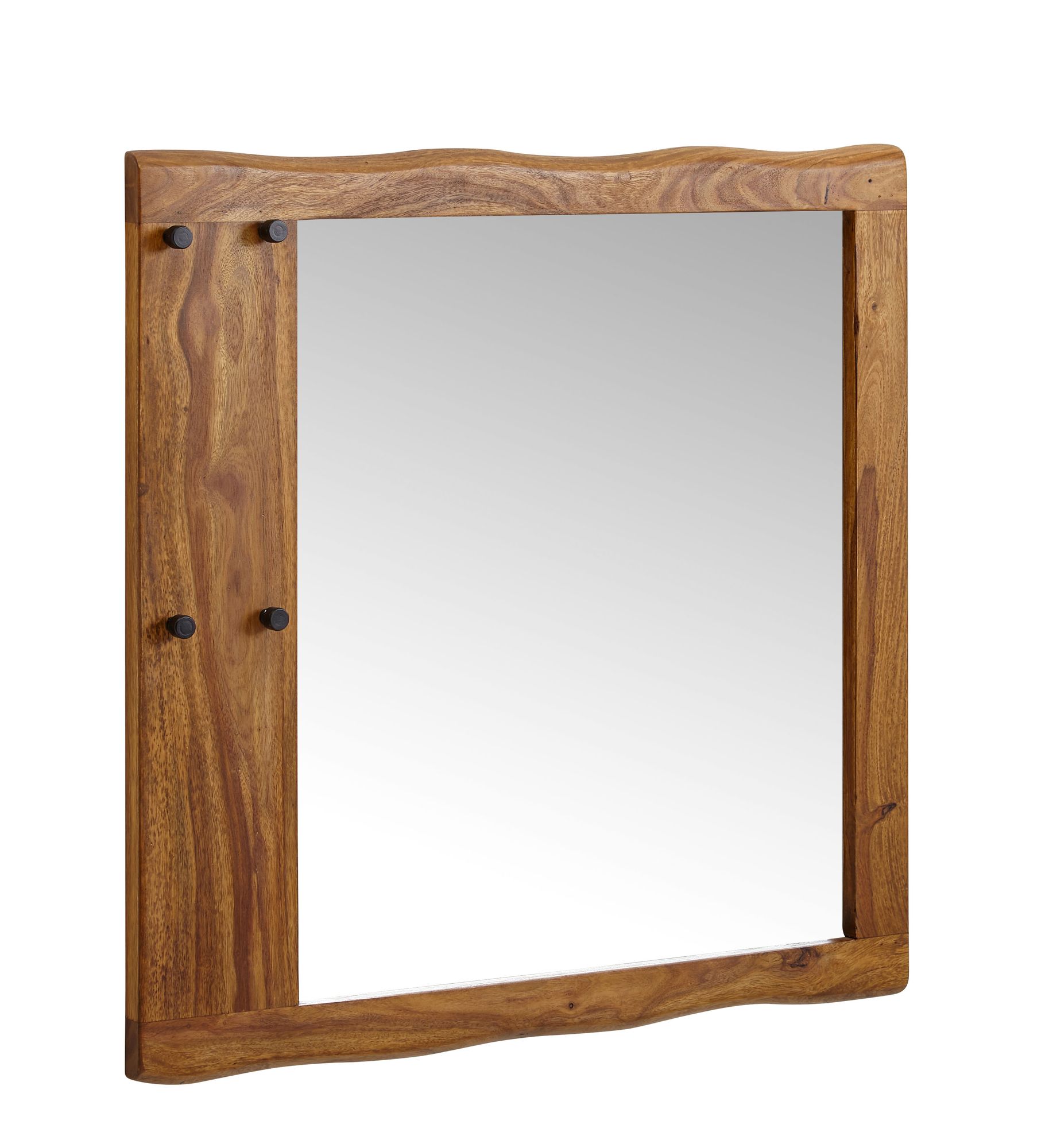 FineBuy Wandspiegel Sheesham Massivholz 80x80x3 cm Design Flurspiegel Baumkante, Hängespiegel Modern mit Haken, Spiegel Wand Groß, Moderner Garderobenspiegel | Farbe: Braun
