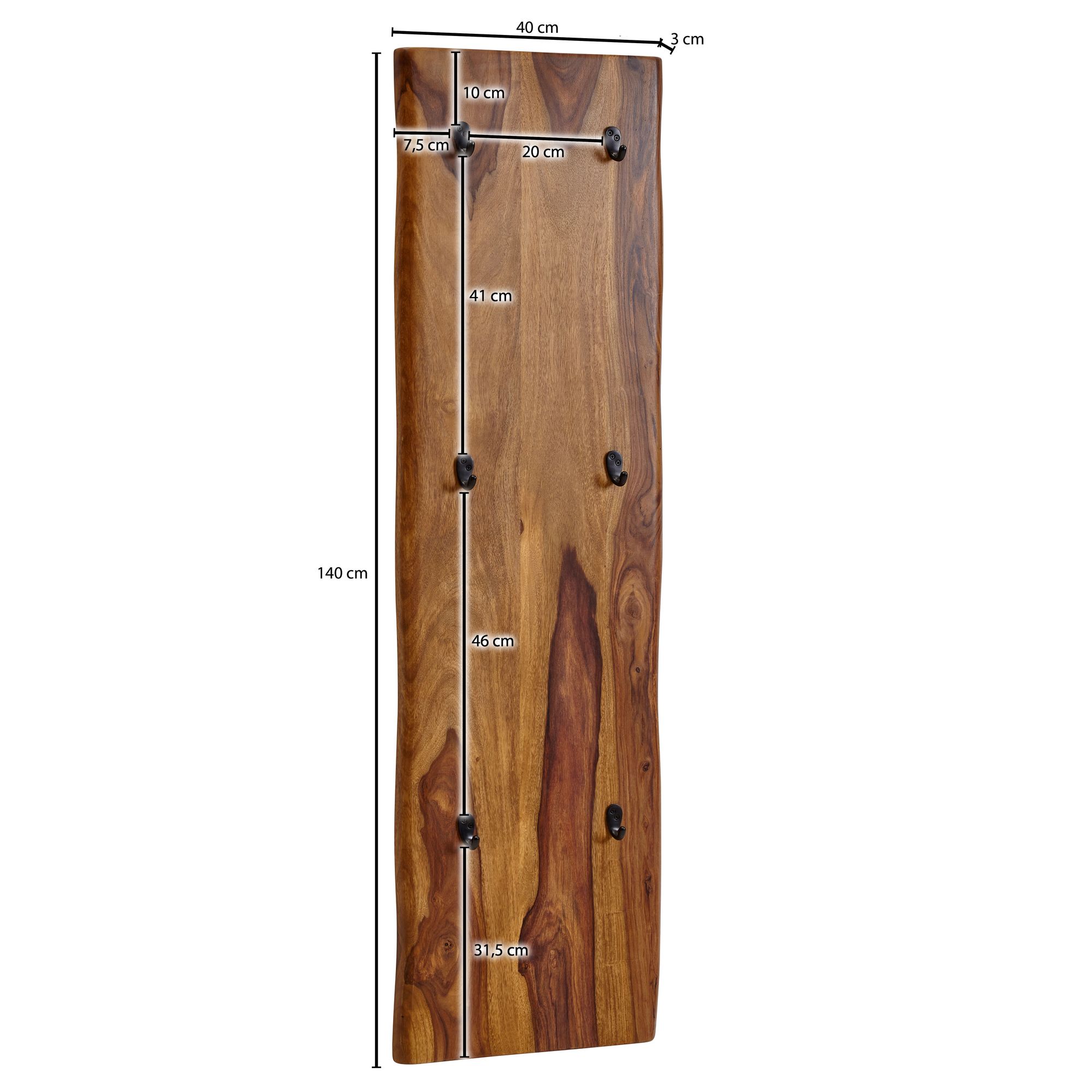 FineBuy Wandgarderobe Sheesham Massivholz 40 x 140 cm Baumkante - Garderobenpaneel massiv Holz - Wand Garderobenleiste Hakenleiste - 6 Kleiderhaken | Farbe: Braun