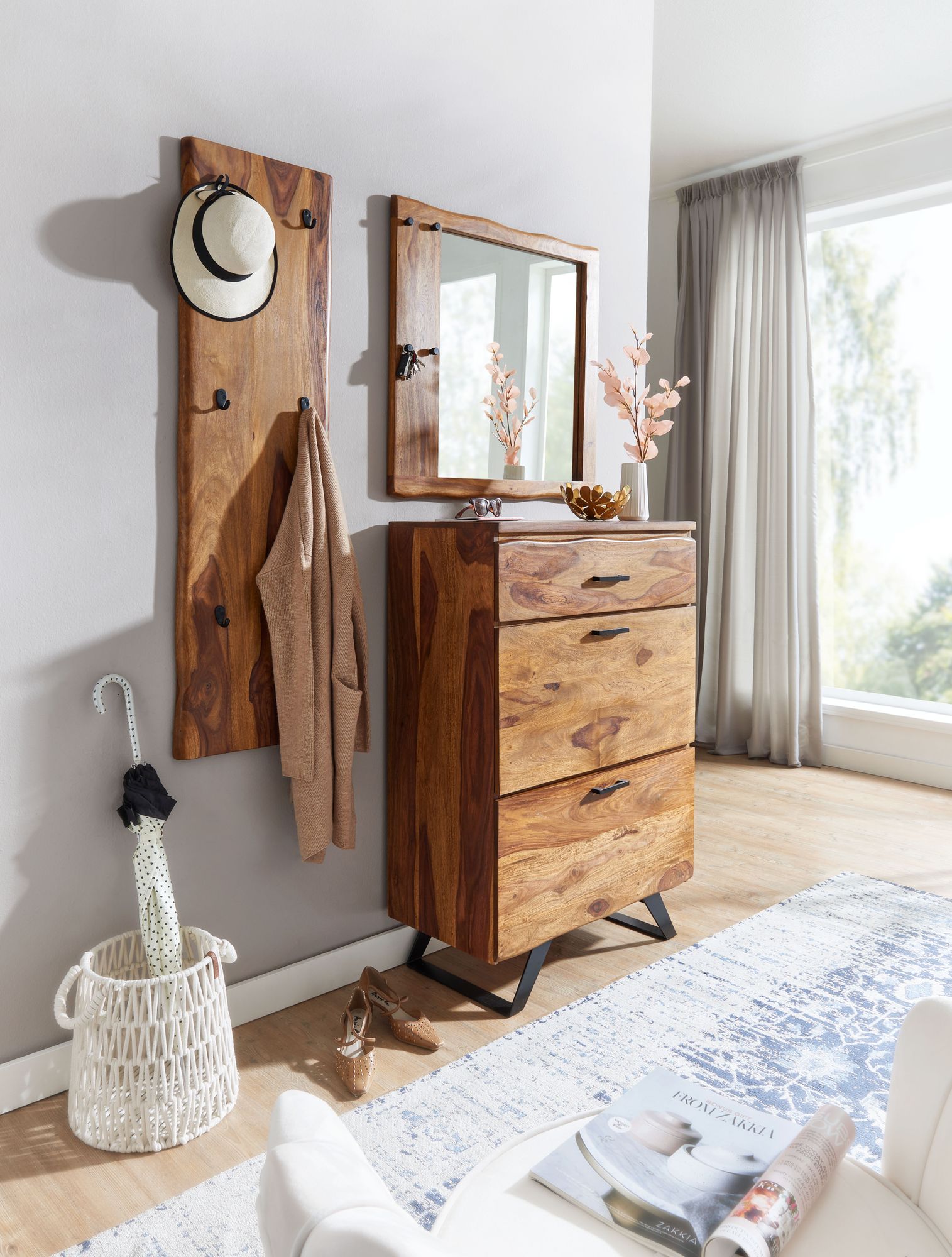FineBuy Wandgarderobe Sheesham Massivholz 40 x 140 cm Baumkante - Garderobenpaneel massiv Holz - Wand Garderobenleiste Hakenleiste - 6 Kleiderhaken | Farbe: Braun