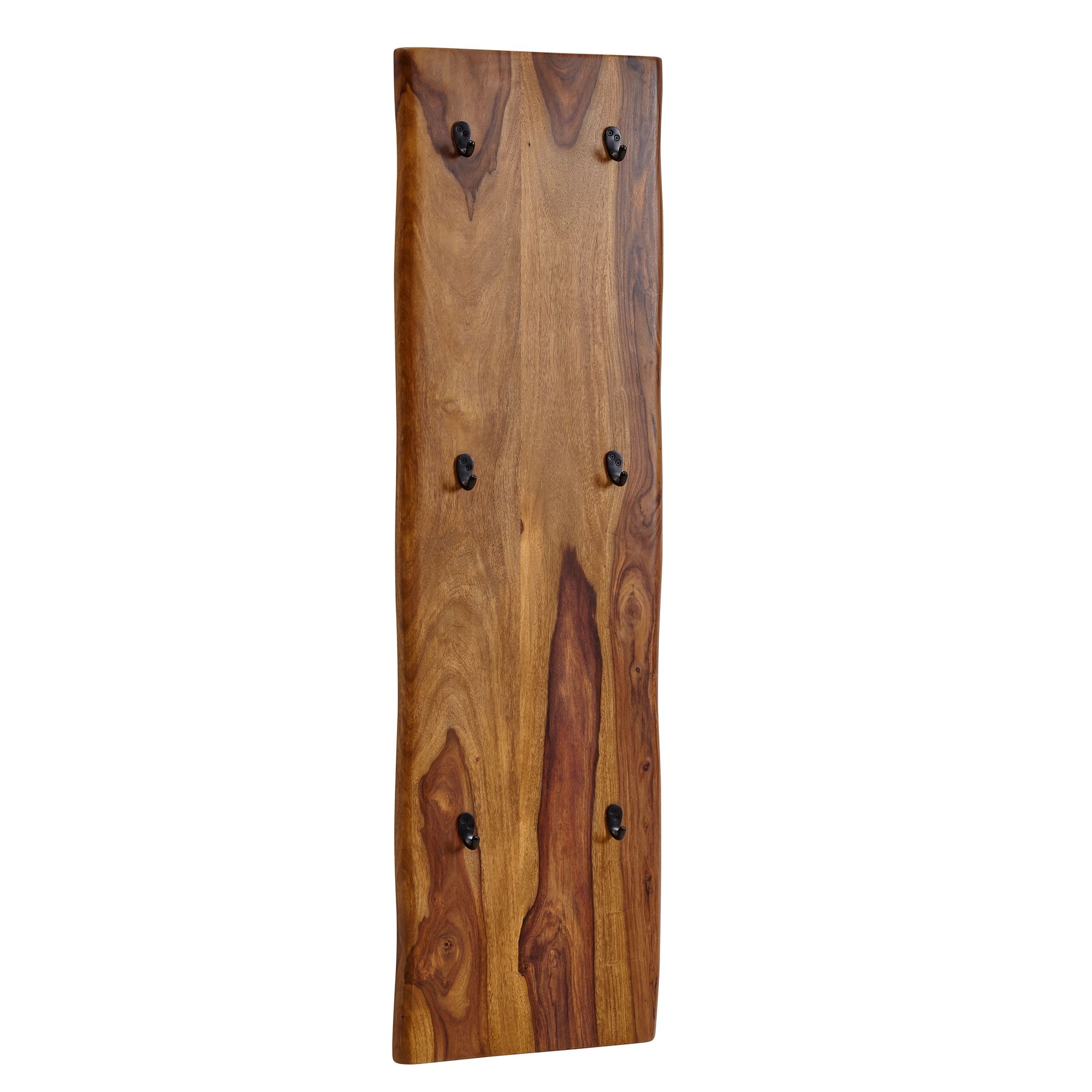 FineBuy Wandgarderobe Sheesham Massivholz 40 x 140 cm Baumkante - Garderobenpaneel massiv Holz - Wand Garderobenleiste Hakenleiste - 6 Kleiderhaken | Farbe: Braun