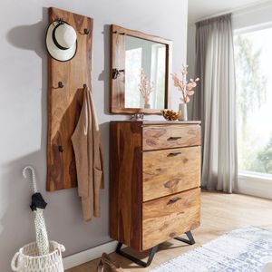 FB80157 FineBuy Garderoben-Set Sheesham Massivholz Kommode mit Wandgarderobe und Spiegel, Sideboard mit Wandspiegel und Flurgarderobe, Garderobe Komplett Flur Baumkante 4251757710988