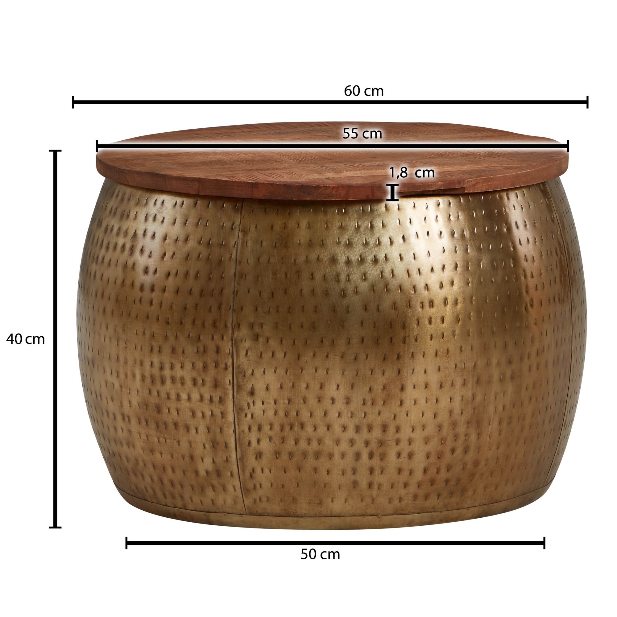 FineBuy Couchtisch Mango Massivholz Metall 60x60x40 cm Gold Rund mit Stauraum, Design Wohnzimmertisch abnehmbare Platte, Loungetisch Sofatisch Wohnzimmer Modern | Farbe: Gold