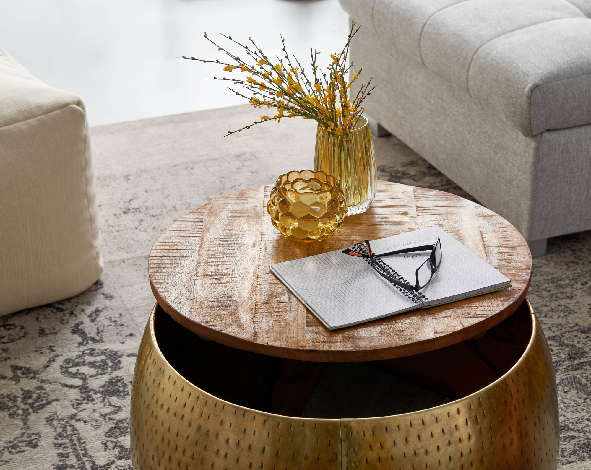 FineBuy Couchtisch Mango Massivholz Metall 60x60x40 cm Gold Rund mit Stauraum, Design Wohnzimmertisch abnehmbare Platte, Loungetisch Sofatisch Wohnzimmer Modern | Farbe: Gold