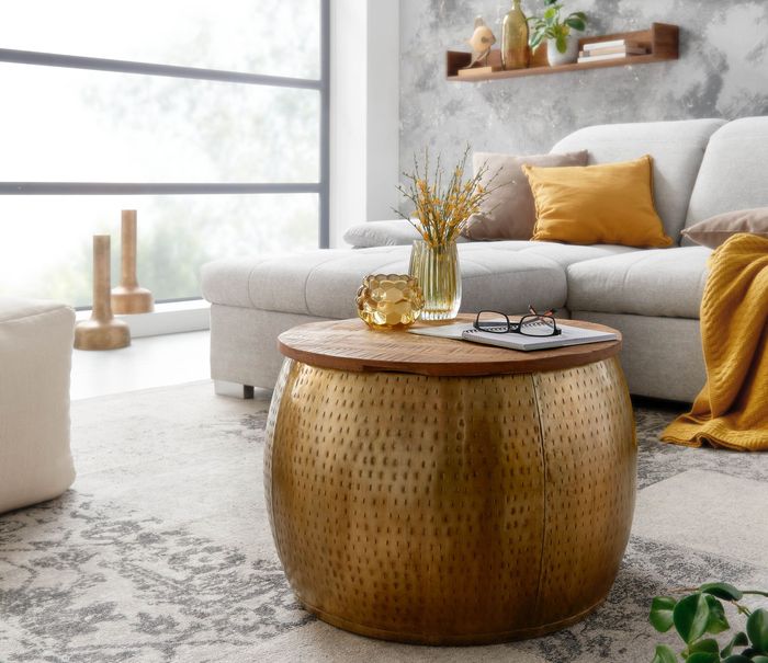 FineBuy Couchtisch Mango Massivholz Metall 60x60x40 cm Gold Rund mit Stauraum, Design Wohnzimmertisch abnehmbare Platte, Loungetisch Sofatisch Wohnzimmer Modern