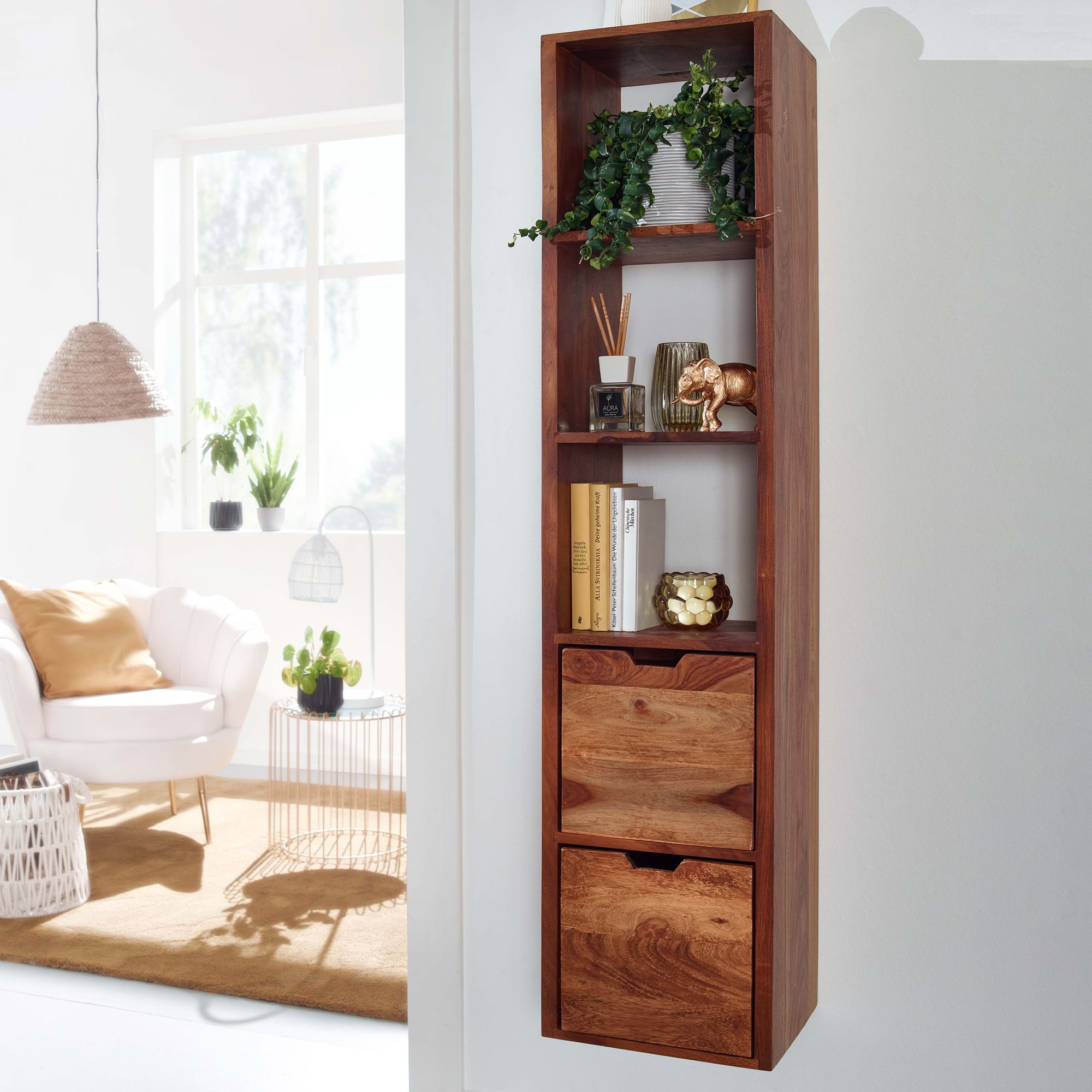 FineBuy Wandregal mit Schubladen 35x150x30 cm Sheesham Massivholz Hängeregal, Großes Design Schweberegal Modern, Regal Hängend Wohnzimmer, Bücherregal Wand Schwebend | Farbe: Braun