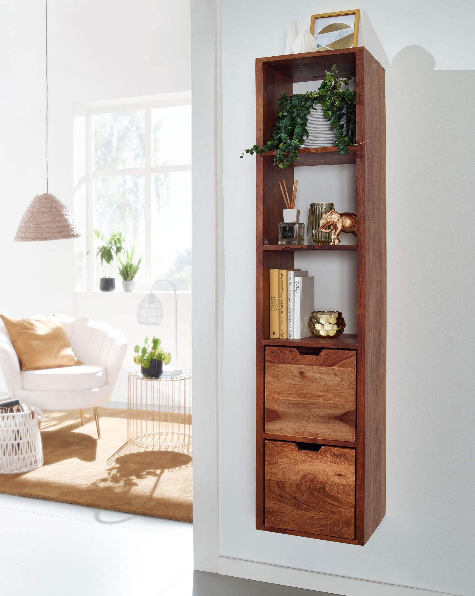 FineBuy Wandregal mit Schubladen 35x150x30 cm Sheesham Massivholz Hängeregal, Großes Design Schweberegal Modern, Regal Hängend Wohnzimmer, Bücherregal Wand Schwebend | Farbe: Braun